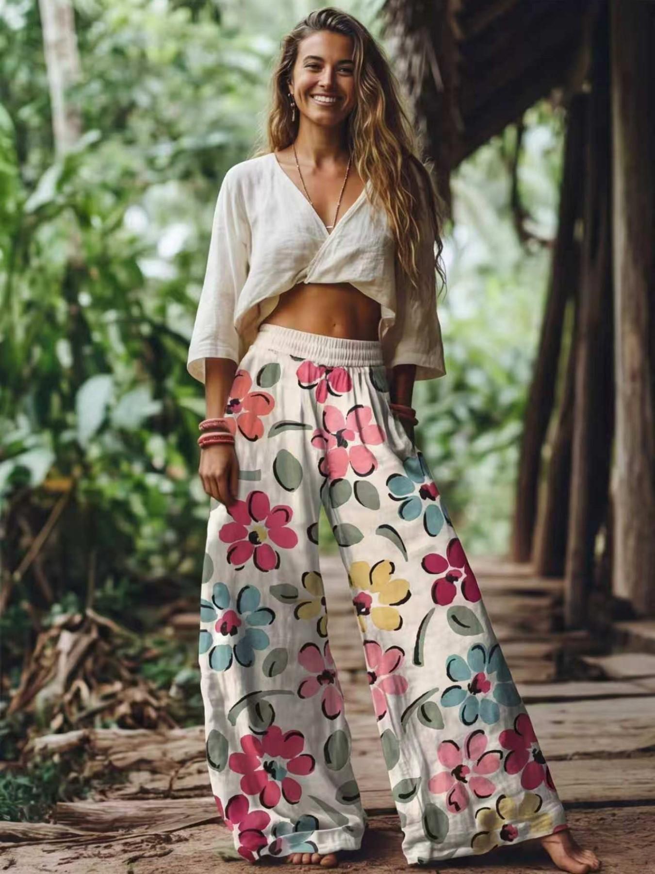 Women's Casual Bohemian Style Boho Floral Print Wide-Leg Loose Baggy Pants, Comfortable & Breathable Elastic Fabric, Ideal for Vacation, Home and Daily Wear, Suitable for Spring, Summer and Fall