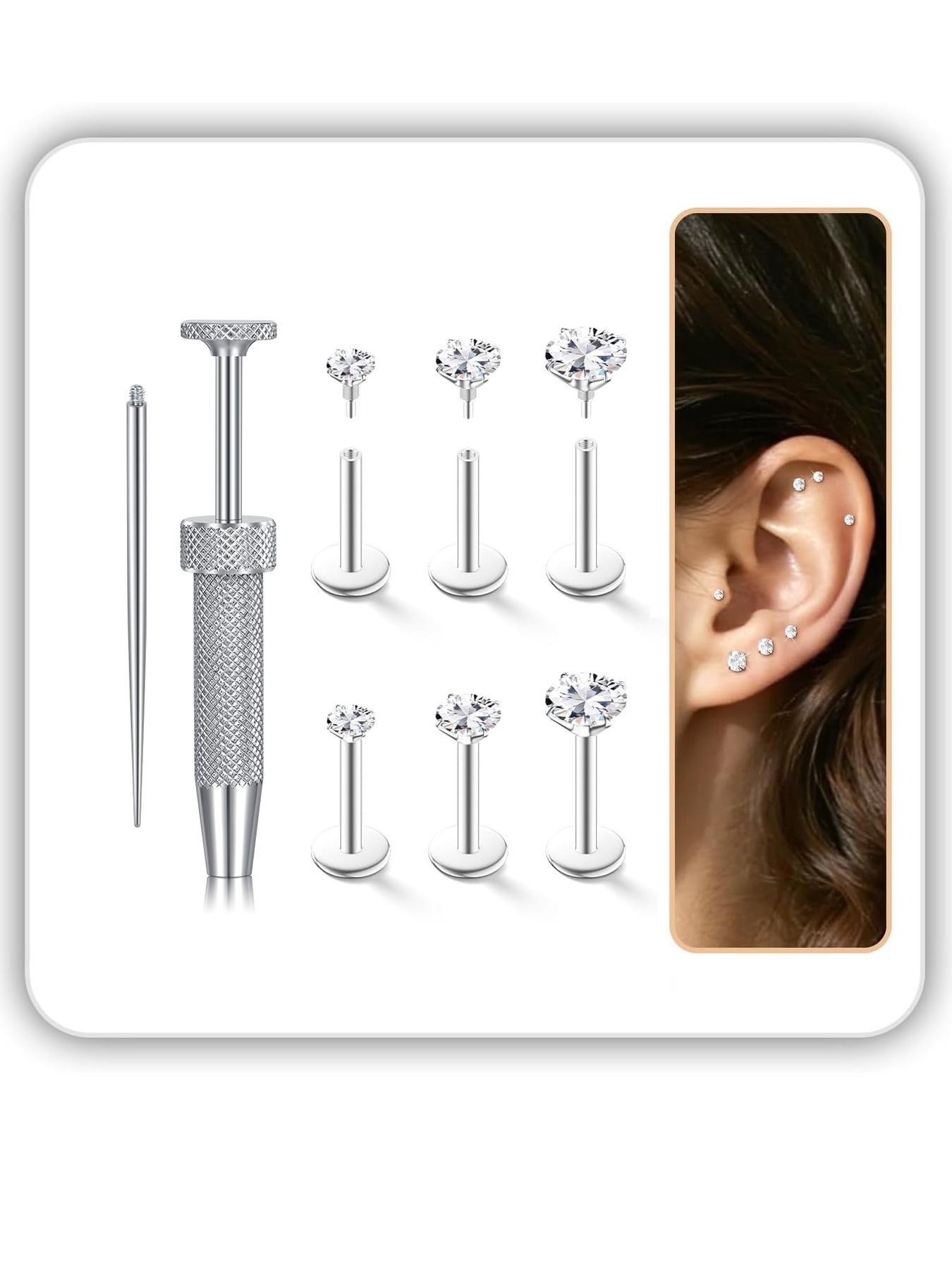 Hypoallergenic 18g Flat Back Stud Earrings Set, Body Jewelry, Surgical Steel Internal Thread Design for Tragus Helix Cartilage Conch Nose Piercings Hypoallergenic 18g Flat Back Stud Earrings Set, Body Jewelry, Surgical Steel Internal Thread Design for Tragus Helix Cartilage Conch Nose Piercings