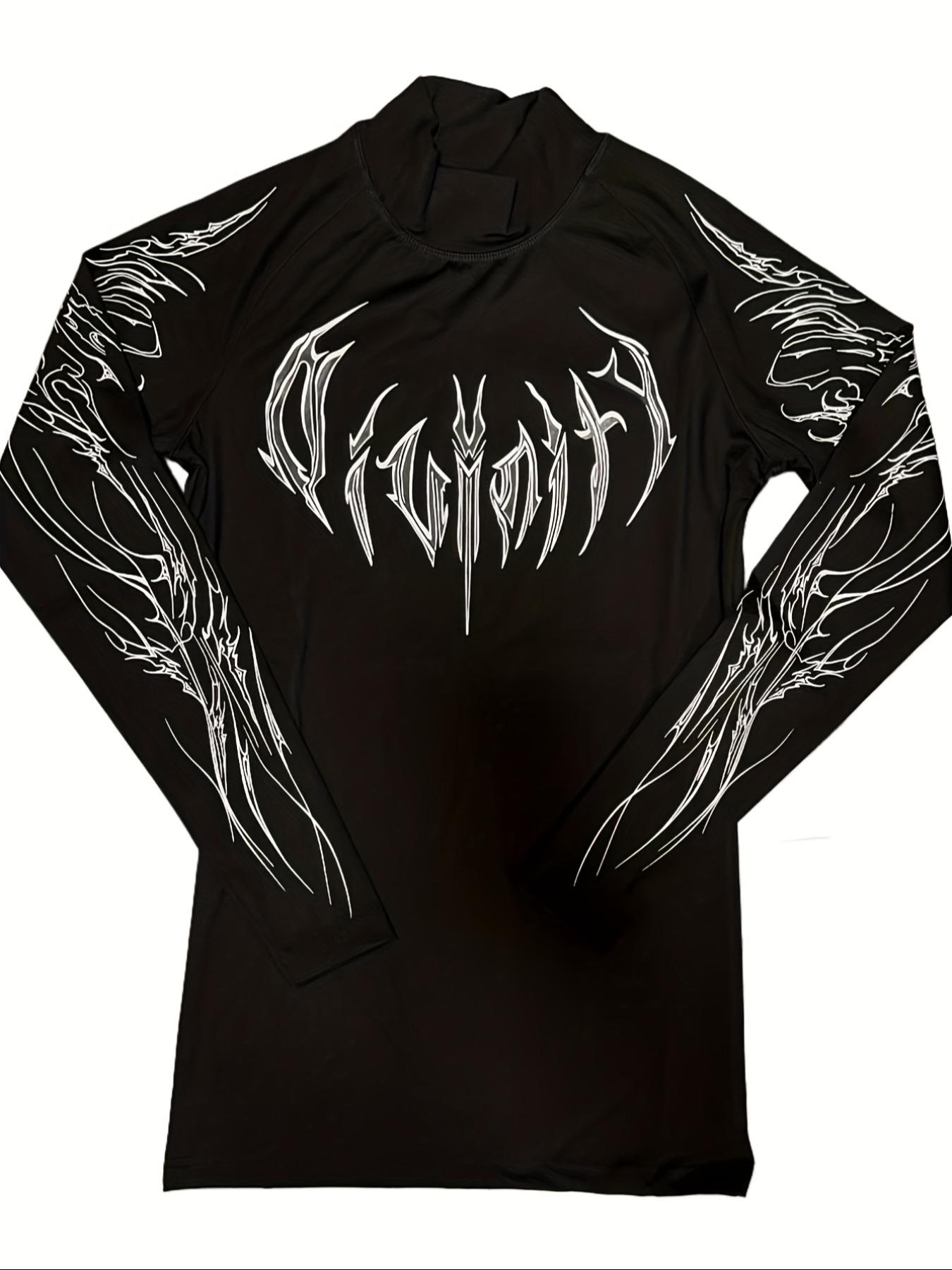 Men'S Gym Wear Compression Long Sleeve Shirt - High Neck Muscle Fitness Tee with Geometric Print, Contrast Design, Stretchy & Slim Fit for Gym, Running, Sports Apparel, Athletic Compression Shirts | Athletic Shirt