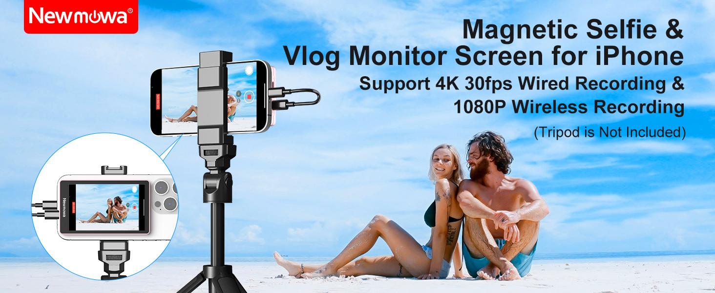 Newmowa Magnetic Phone Vlog Selfie Monitor Screen, 1080P Wireless Recording, Using Phone Rear Camera for Selfie Vlog Live Stream TikTok, Compatible with iPhone(Support 4K 30fps Wired Recording)