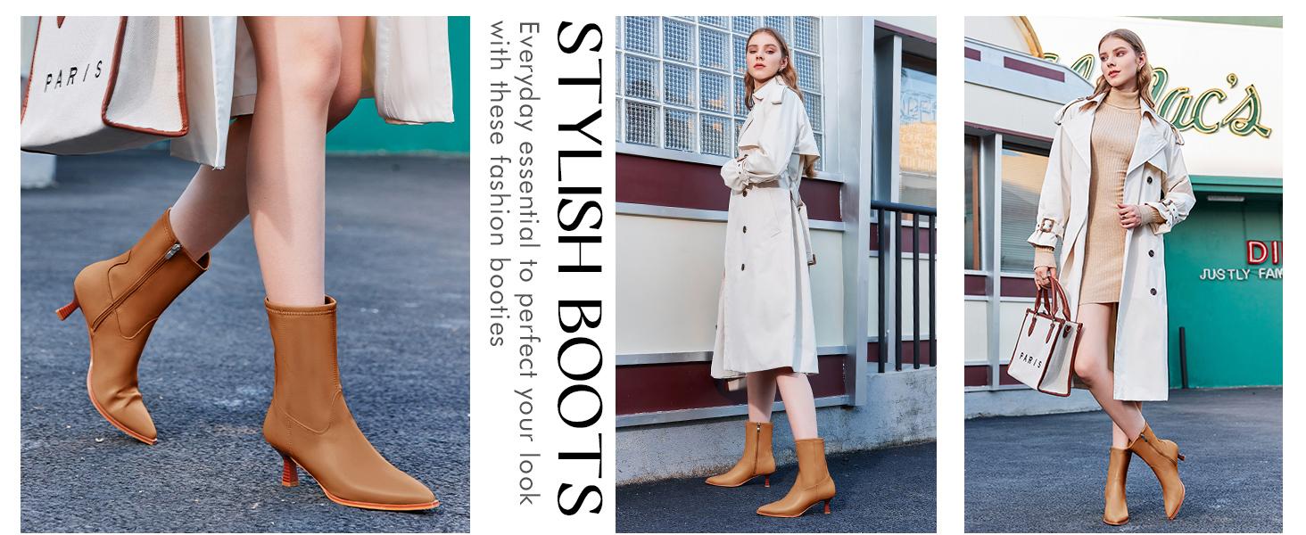 Coutgo Womens Pointed Toe Ankle Boots Stacked Kitten Low Heel Side Zipper Fall Booties Shoes