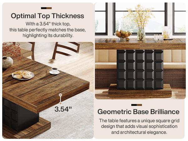 LITTLE TREE 63'' Dining Table for 4-6, Farmhouse Wooden Rectangular Dinner Table with Geometric Relief, Pedestal Base