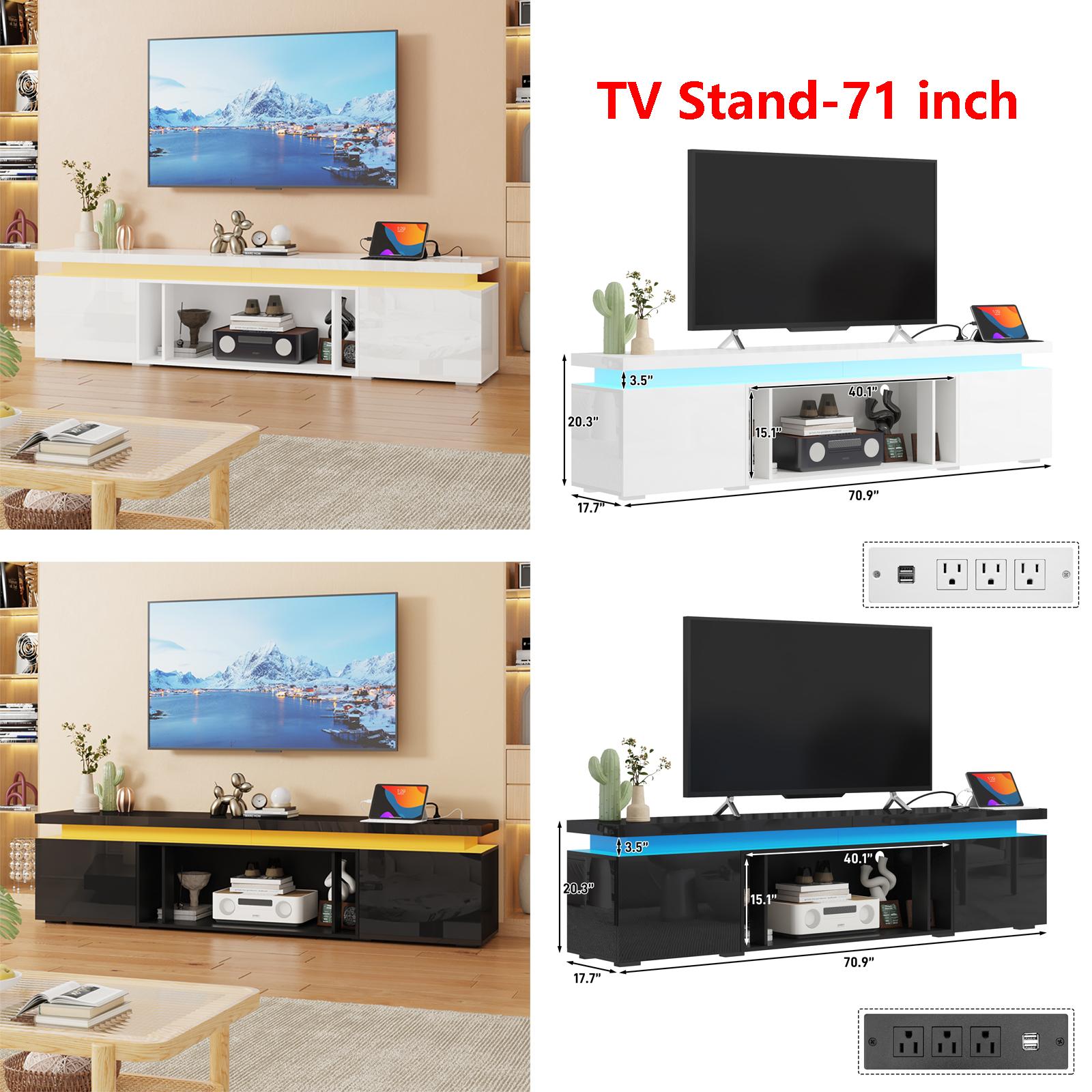 LED TV Stand for 70/75/80/85/90/95 inch TV/Fireplace TV Stand , TV Stand with 40" Electric Fireplace & Power Outlet, High Gloss Surface, 2 Storage Cabinet, Modern Style for Living Room (83 Inch/71 Inch, White/Black)