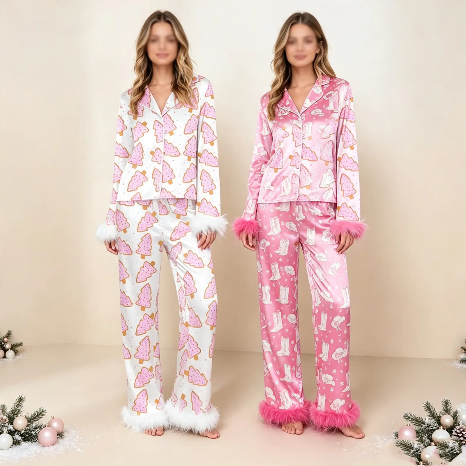 Women's 2-Piece Christmas Pajama Lounge Set, 100% Polyester Printed Sleepwear with Santa/Christmas Tree/Boots Designs, Machine Washable Shirt & Pants Outfits, Machine Wash