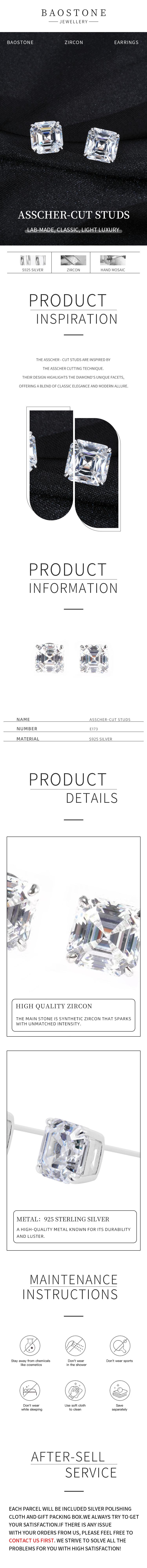 BAOSTONE Lab Created Artificial Gemstone 925 Silver Earrings-ASSCHER-CUT STUDS-#E173