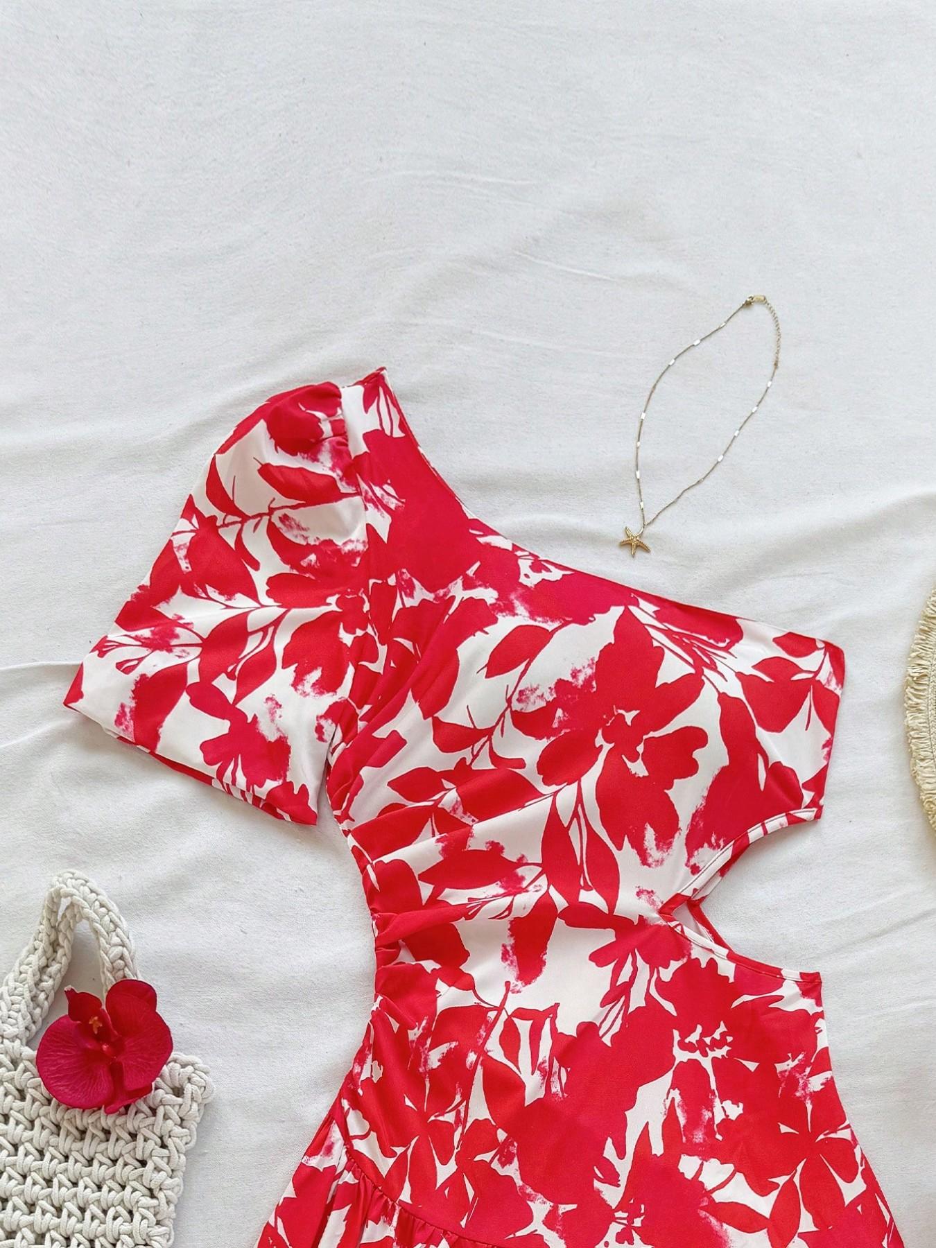 Women's Asymmetrical Neckline Bubble Sleeve Mini Dress, Hollow Waist Floral Print Summer Dress, One Shoulder Vacation Dress