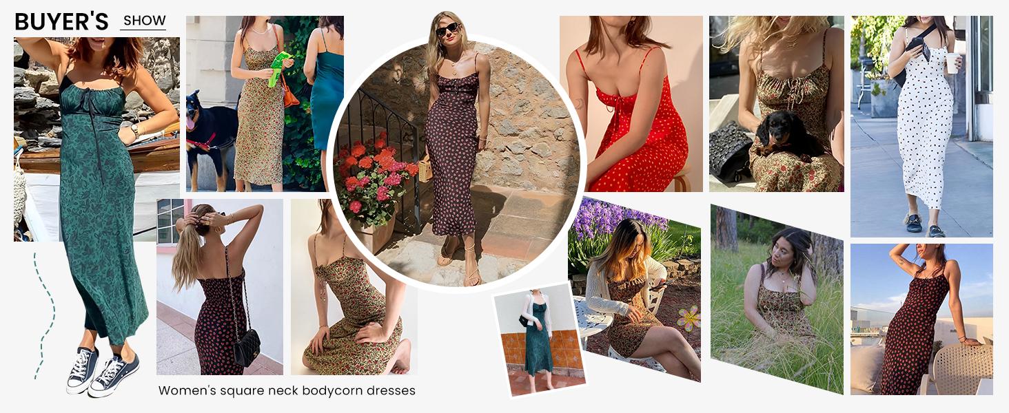 JovenPara Women's Floral Dress Low-Cut Square Neck Spaghetti Strap Tie Bodycorn 90s Y2k Sun Dresses Springfresh Casual Wear Women's Slip Summer Dress with Adjustable Straps & Elastic Neckline Vintage Sleeveless