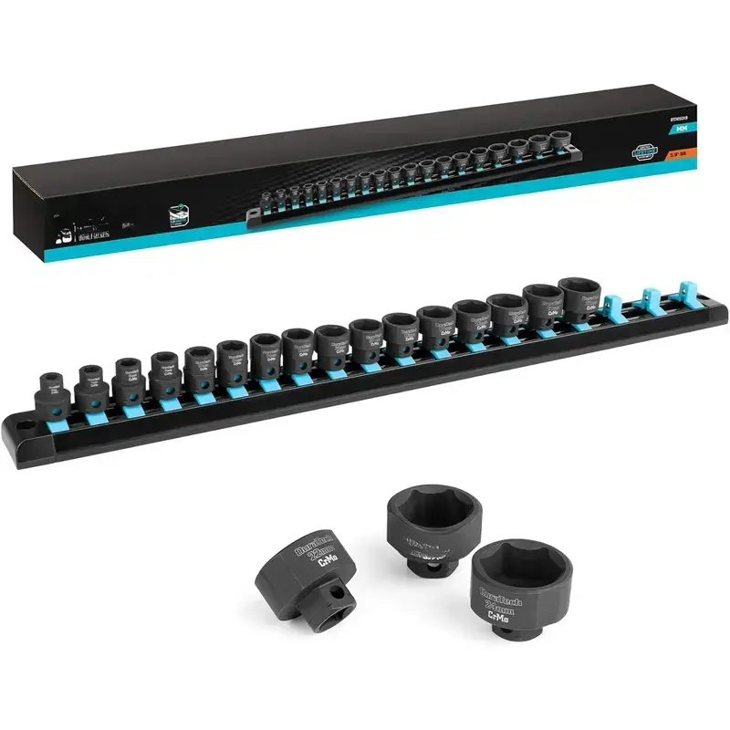 3/8" Drive Stubby Impact Socket Set, Low Profile Impact Sockets, 19-, Metric, Size Covers 6-24mm, Cr-Mo Steel, Organized in  Storage Rail