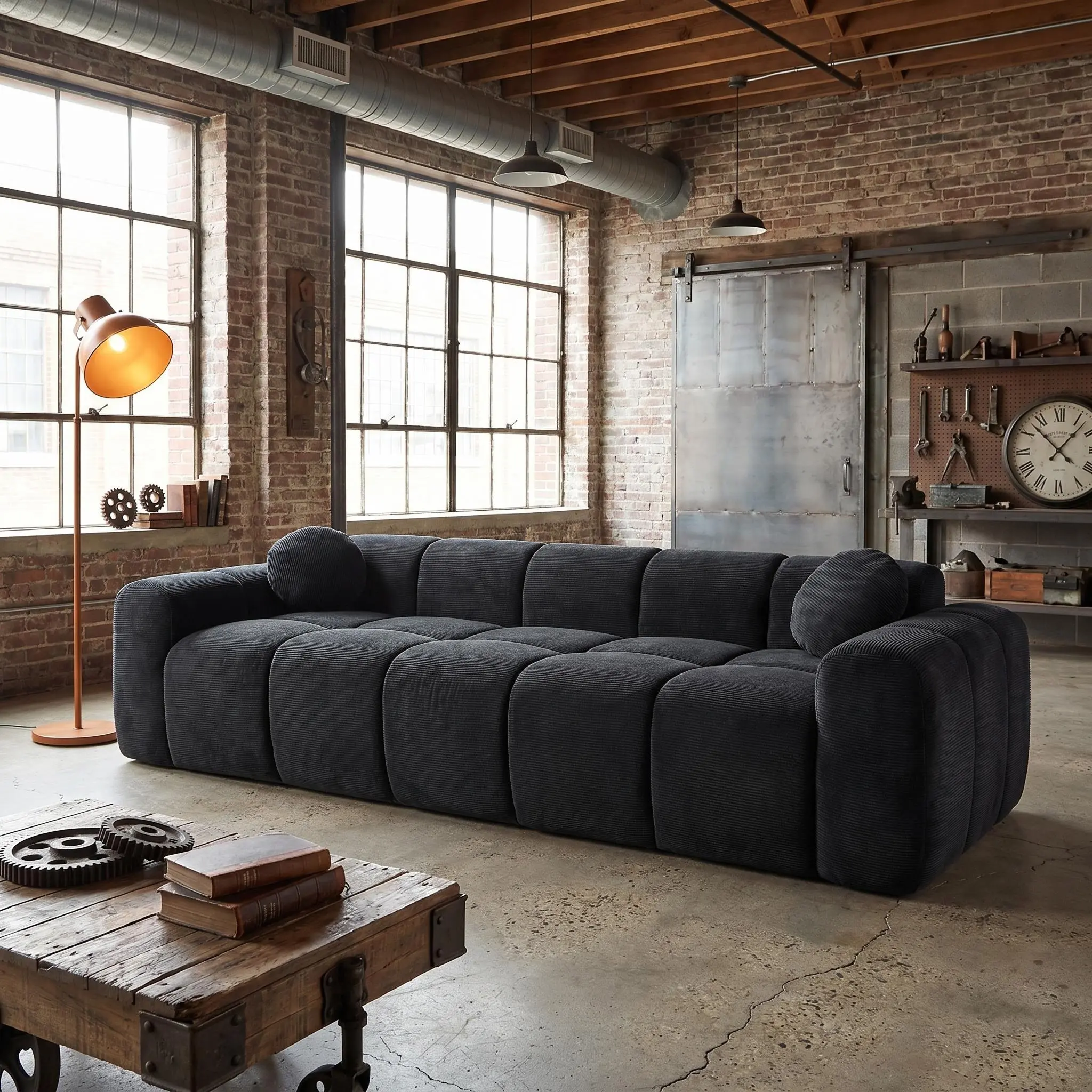 98.4" Extra Large Compression Sofa, Corduroy Cloud Puff Couch for Living Room, 3-Seater Upholstered Sofa with 2 Pillows, Vacuum Packed Easy to Move for Small Space, Apartment, Studio