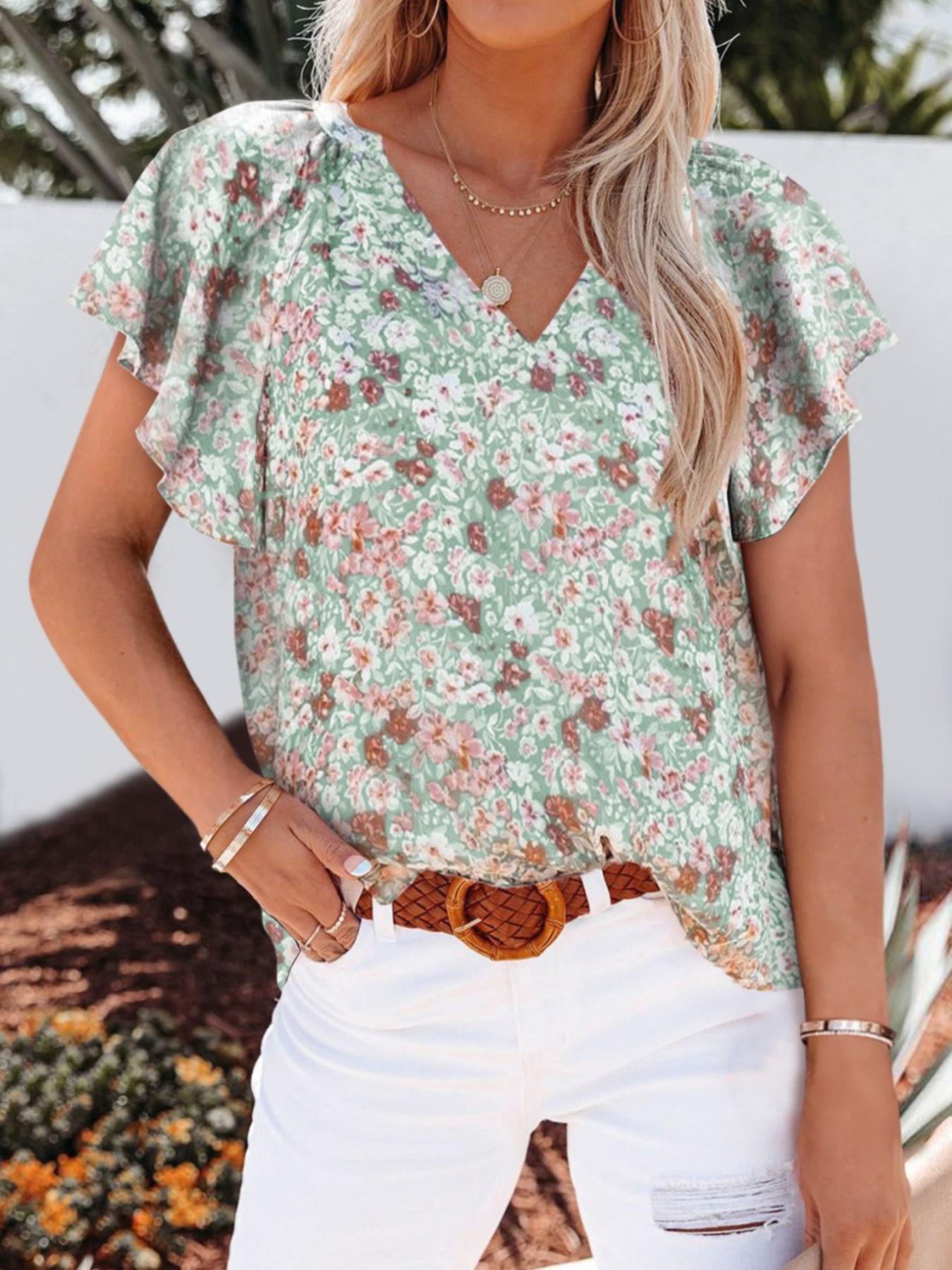 Women's V-Neck Printed Short Sleeve Loose Fit Casual Pullover Shirt, Comfortable and Stylish Top for Daily Wear, Perfect for Relaxing Days