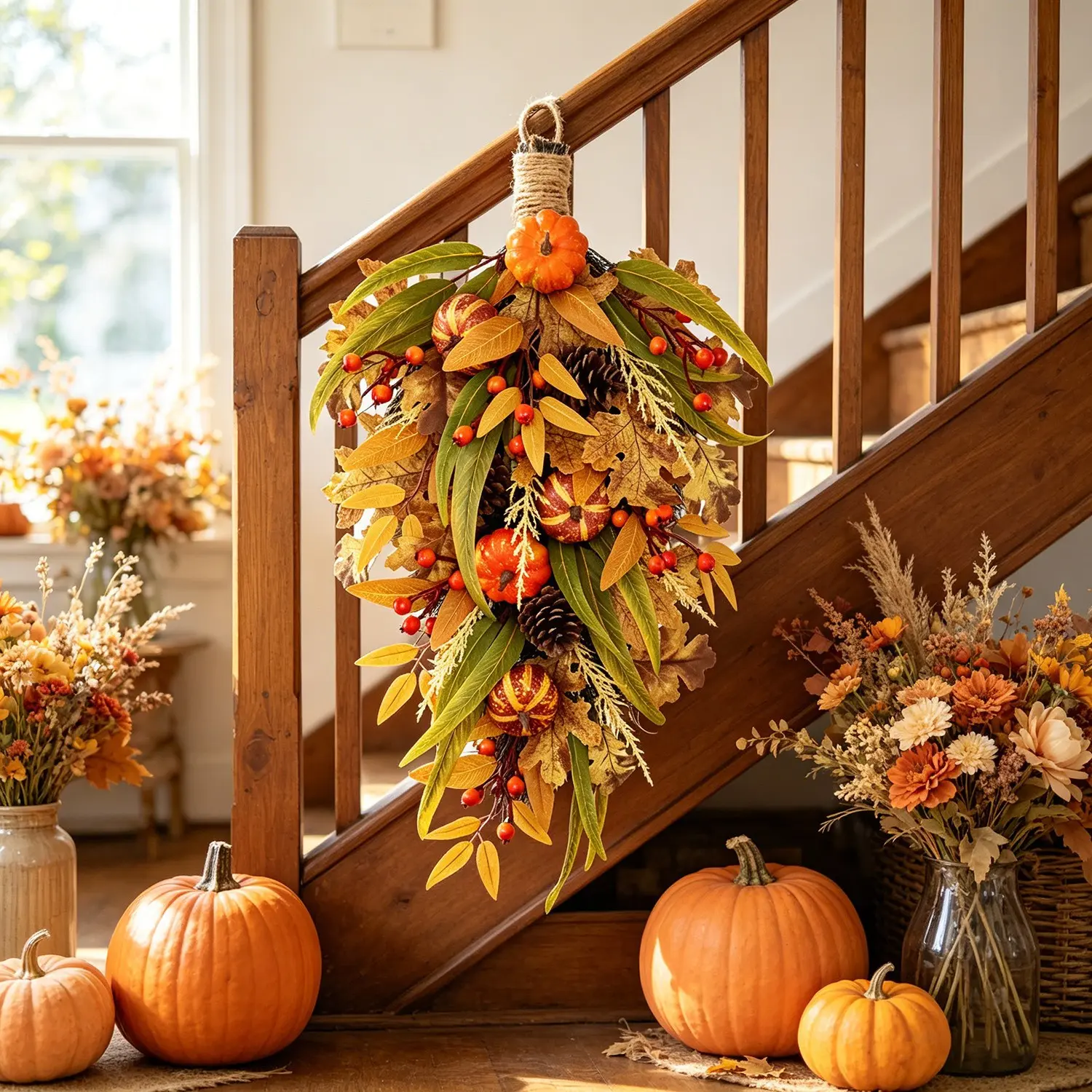 Pumpkin Berry Hanging Wreath, Home Front Yard Decoration, Living Room Rustic Style, Halloween Thanksgiving Fall Party Centerpiece