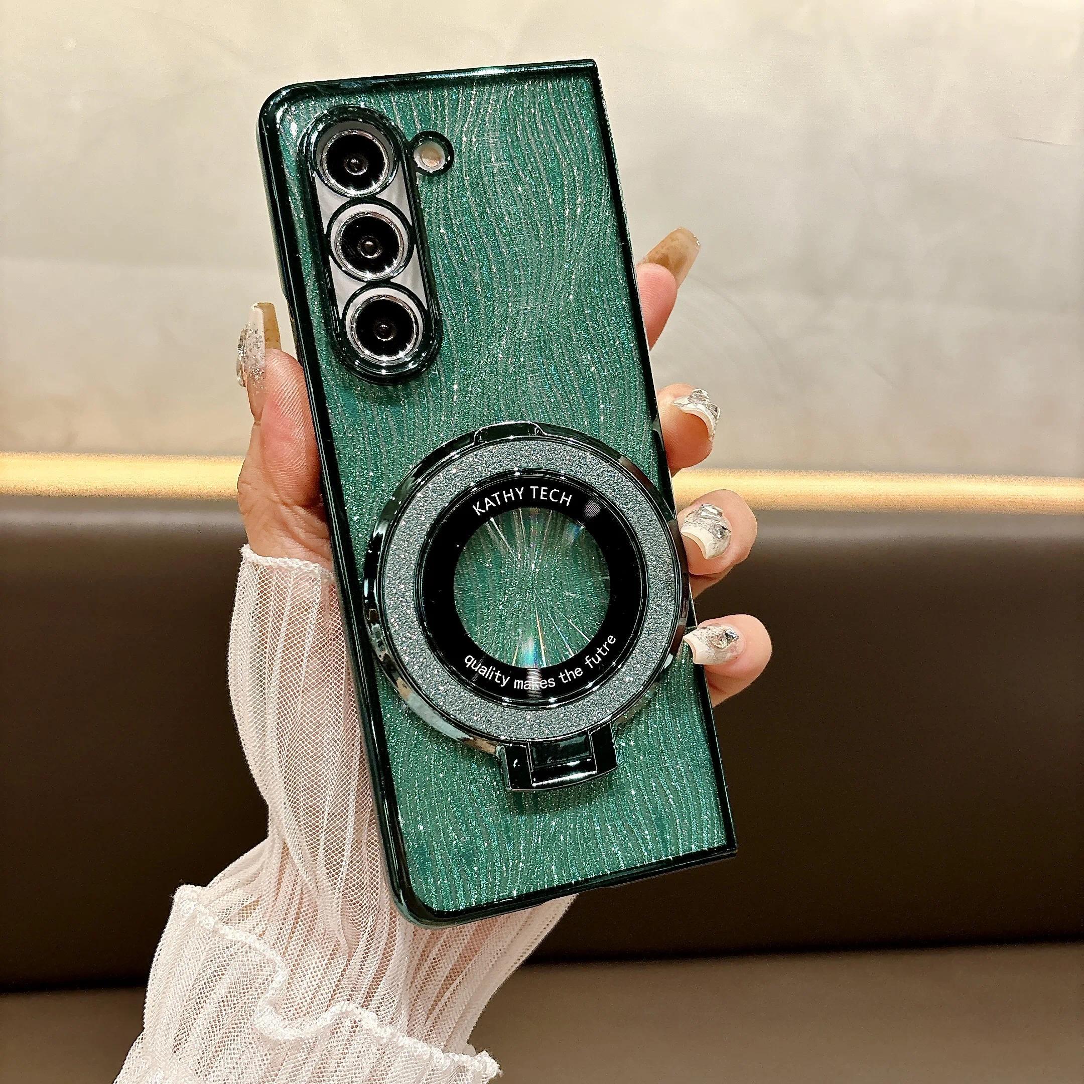 Ring Electroplate Sparkling Phone Case for Samsung Galaxy Z Fold 7 6 5 4 3 Fold6 Fold5 Fold4 Fold7 Magnetic Shockproof  Cover