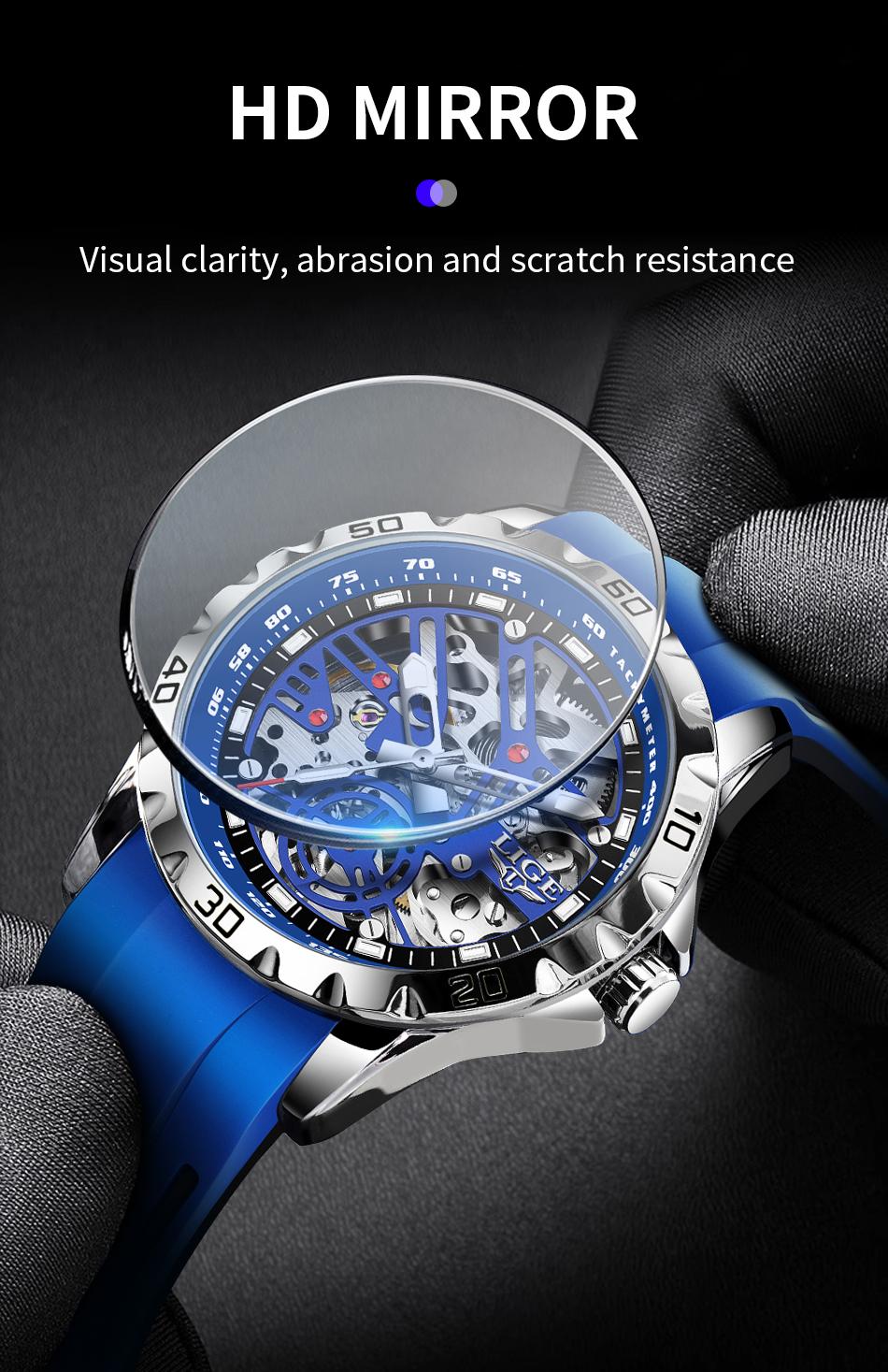Lige Men's Mechanical Watch, 43mm stainless steel case, 30-meter water resistance, luminous at night, Skeleton Machinery design.