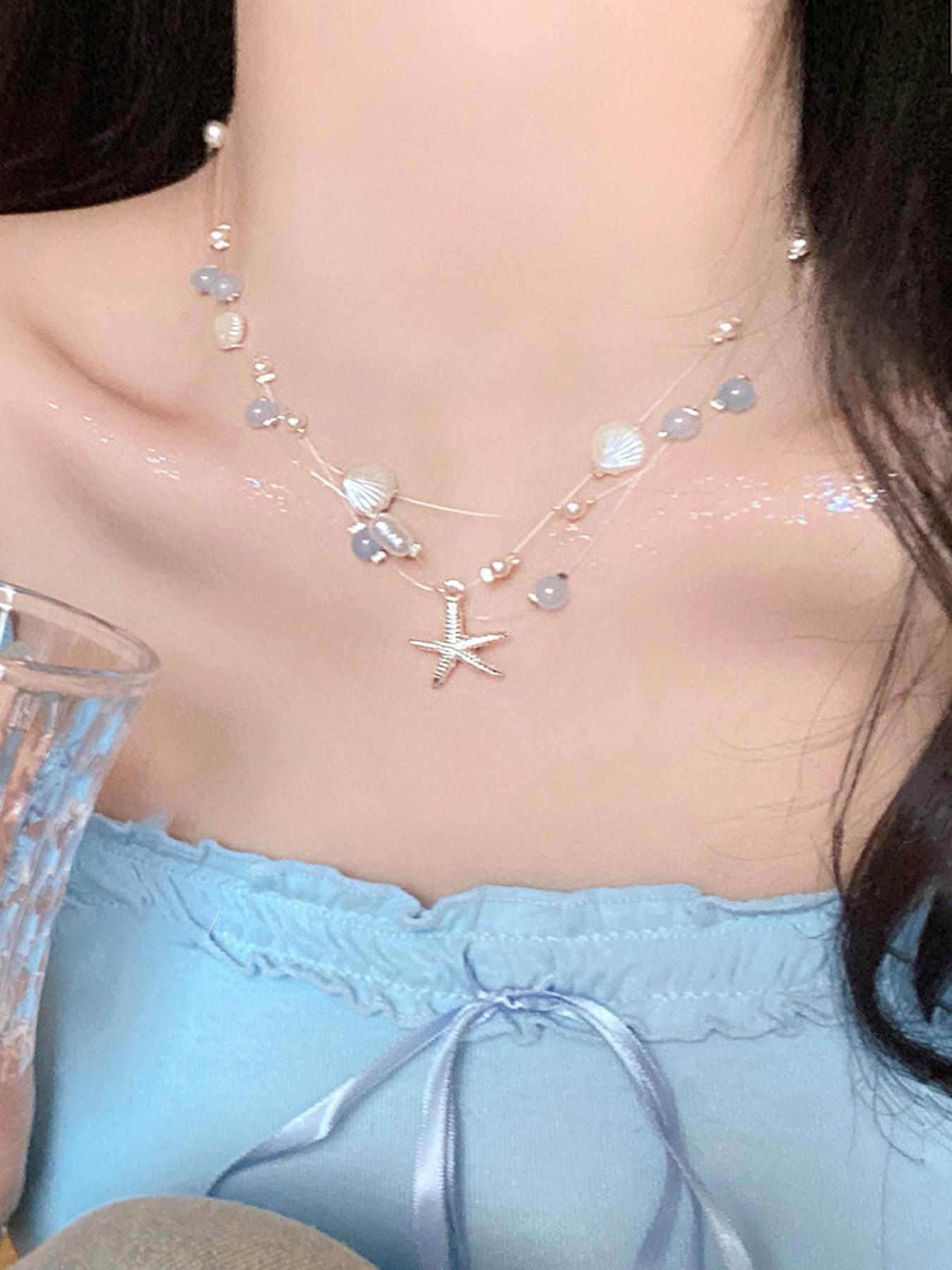 Elegant Multi-Layer Silver Color Glass Pearl Shell Starfish Pendant Necklace, Women's Fashion Jewelry, Perfect Gift Idea