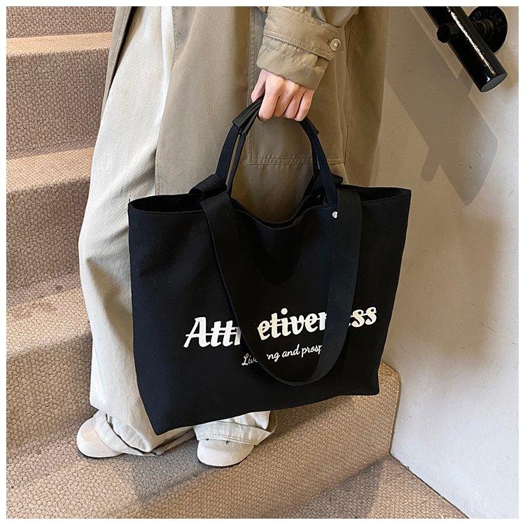 Casual Letter Print Canvas Tote Bag, Large Capacity Commute Shoulder Bag, Lazy Style Handbag, Student School Bag