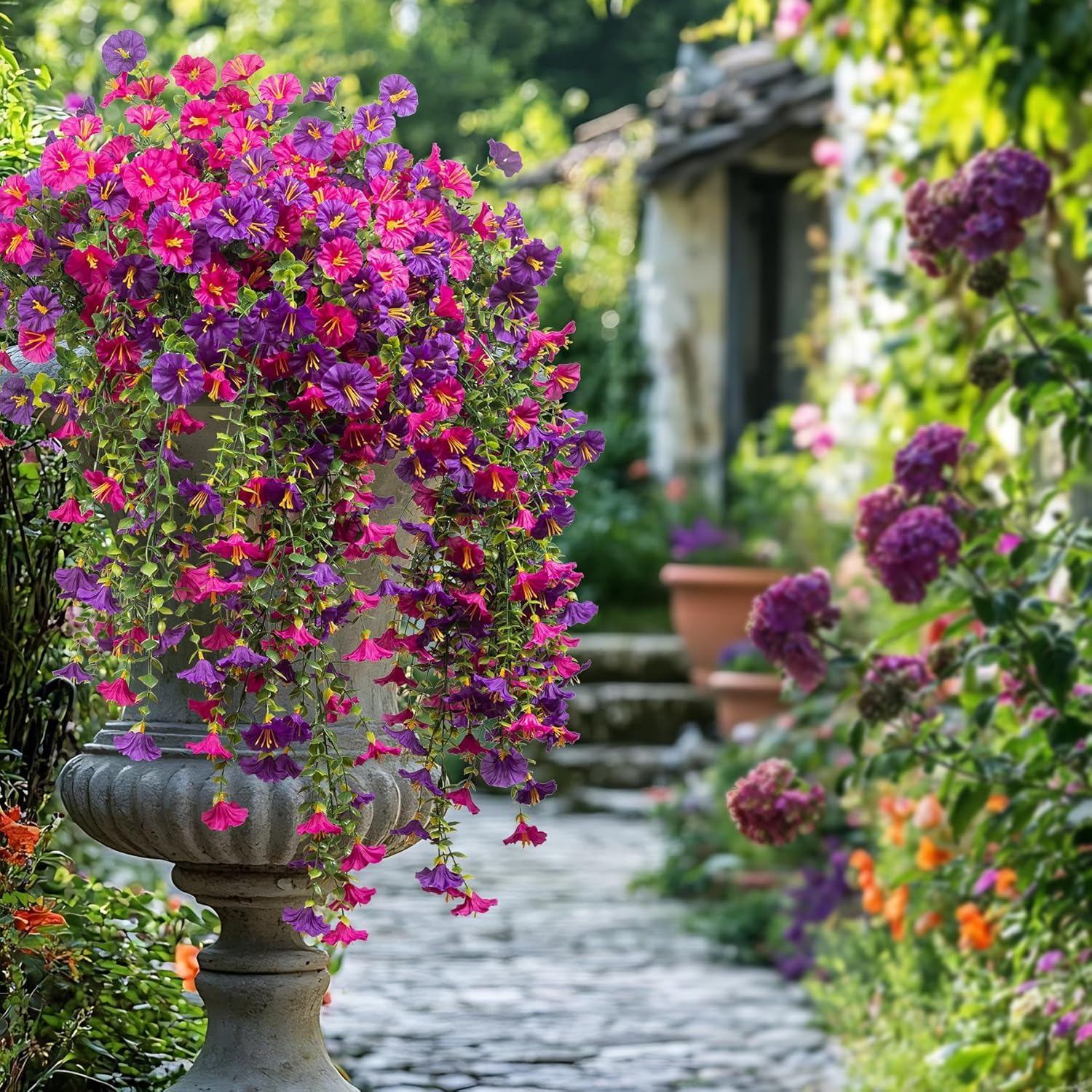 6 PCS Artificial Faux Hanging Flowers Plants for Outdoor Decor,Fake Silk Morning Glory with Eucalyptus UV Resistant Realistic Vines for Wall Home Porch Patio Balcony Yard Decor, Purple and Fuchsia, Artificial Flower Decoration