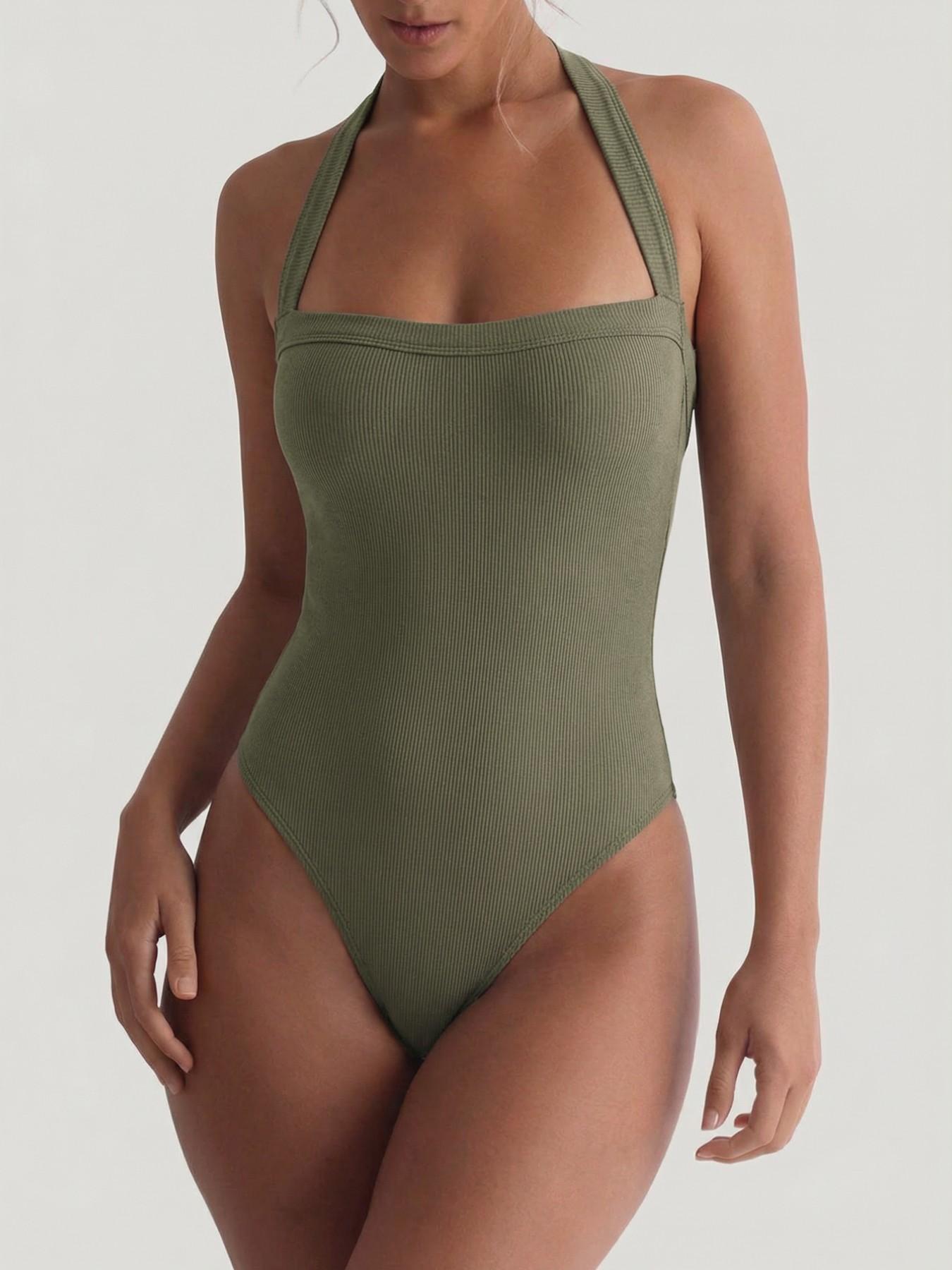 Basic Solid Color Ribbed Halter One-Piece Bodysuit, Cross Back High Cut Design, Sleeveless, Summer Versatile Underwear, Women's Casual Wear, Womenswear, Ribbed Bodysuits