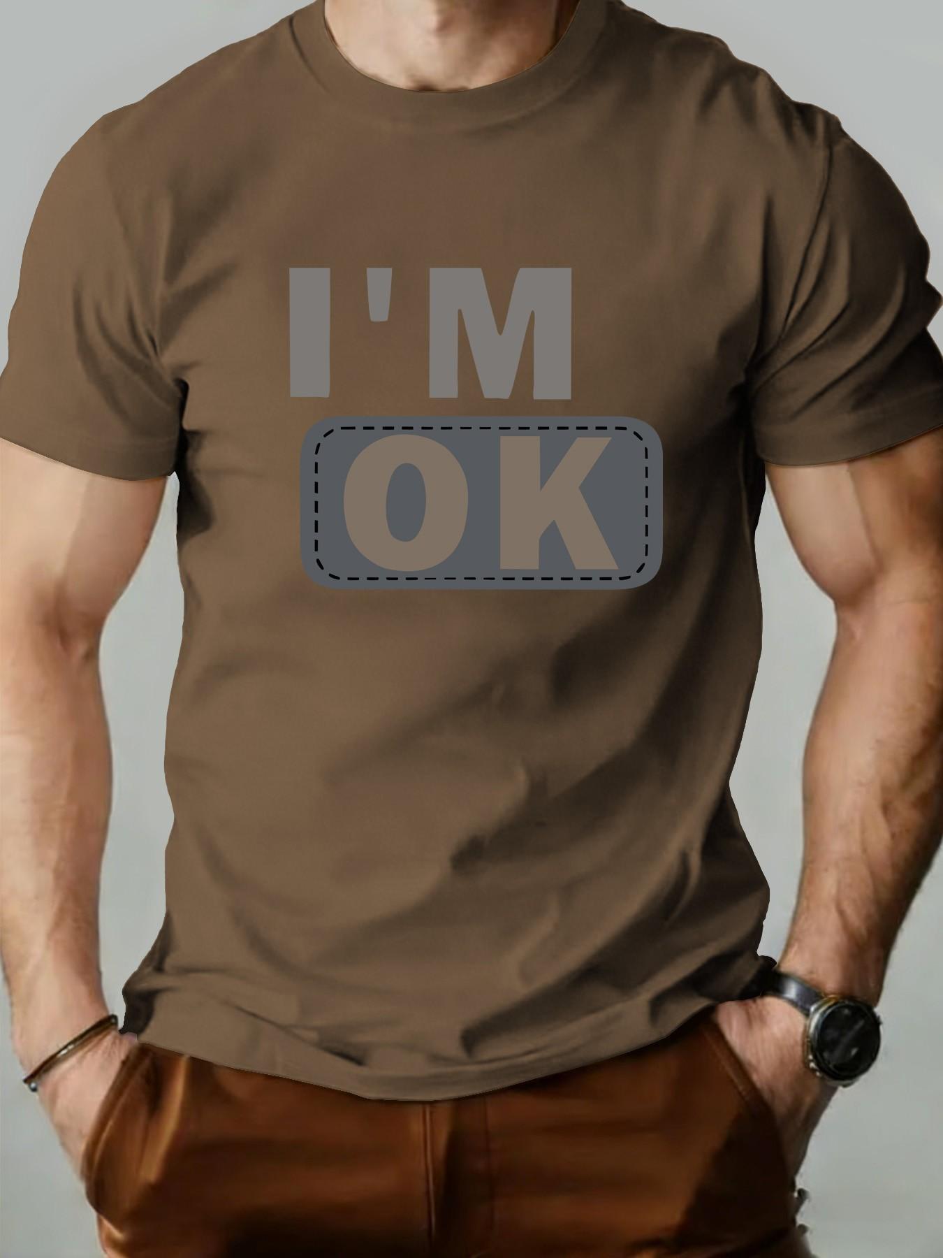 Men's Round Neck T-Shirt, Fashion I'm Ok Patch Design, Geometric Print, Retro Style, Long Sleeve, Casual Wear, Perfect Gift