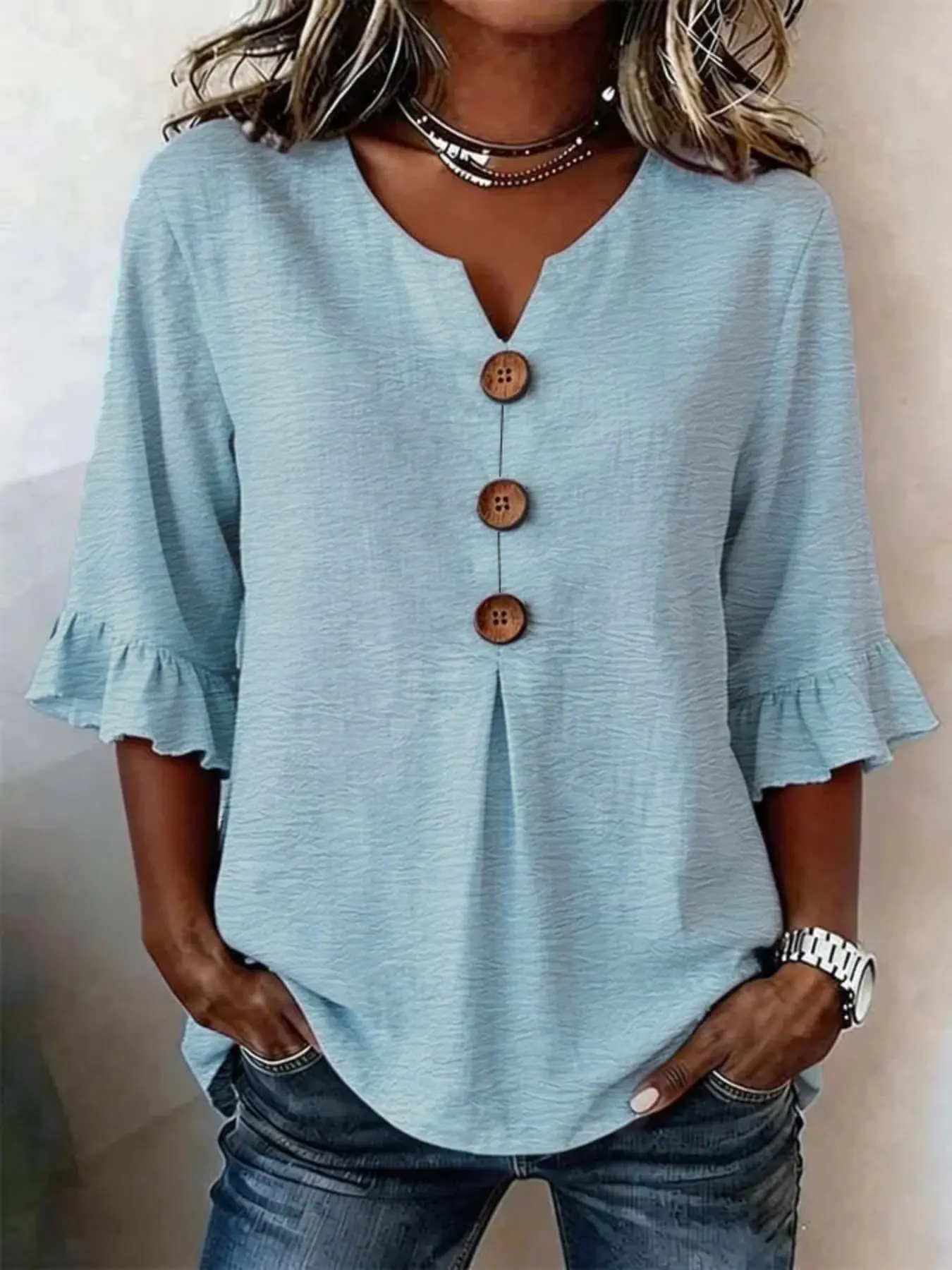 Women's V-Neck Button Front Blouse, Ruffle Sleeve Design, Loose Fit Conceals Belly, Casual Daily Wear, Versatile Mid-Sleeve Top, Button Up Blouses