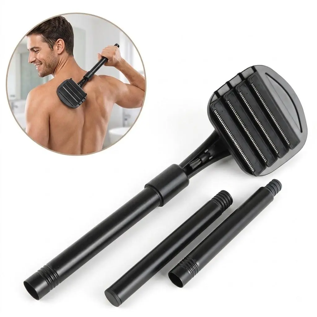 Mens Back Shaver with Safety Blade Tech | Ergonomic DIY Long Handle, Precision Exposed Blades, Toolless Assembly, Adjustable Custom Lengths