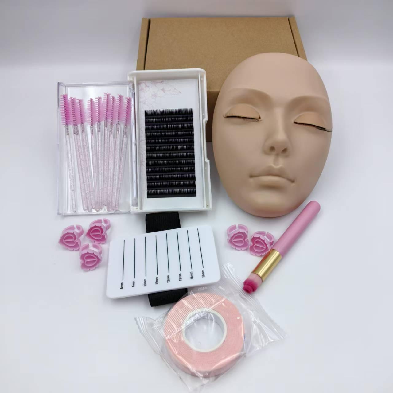 Portable False Eyelash Cosmetic Practice Set with Head Model, Eyelash Box, Adhesive Tape, Eyelash Glue, Mousse Brush, and Rings, Ideal for Eyelash Application Training