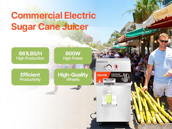 VEVOR Commercial Sugar Cane Juicer, 800W Electric Sugarcane Juicer Machine with 661LBS/H High Output, 3 Stainless Steel Rollers, Sugar Cane Press Juice Extractor Squeezer on Wheels for Home/Commercial
