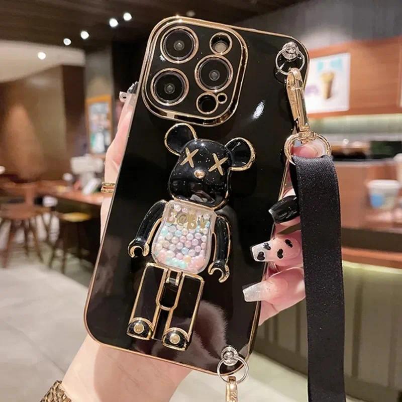 Plating Cover Quicksand Bear Stand Phone Case with Lanyard Strap, Ring & Dustproof Design for iPhone 15 14 13 12 11 Pro Max 7 8 Plus, Scratch Resistant