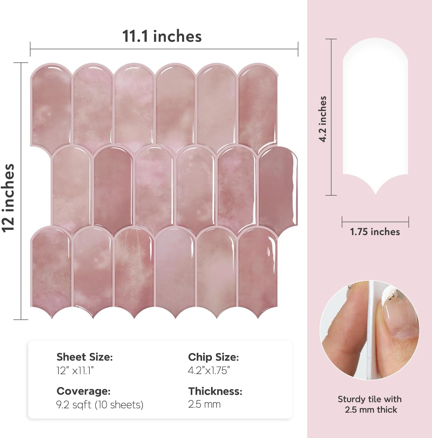 Vamos Tile 10-Sheet Backsplash Peel and Stick Tile, Pink Self Adhesive Vinyl Wall Tiles, Stick on Backsplash for Kitchen, Bathroom,RV (Thicker Design)