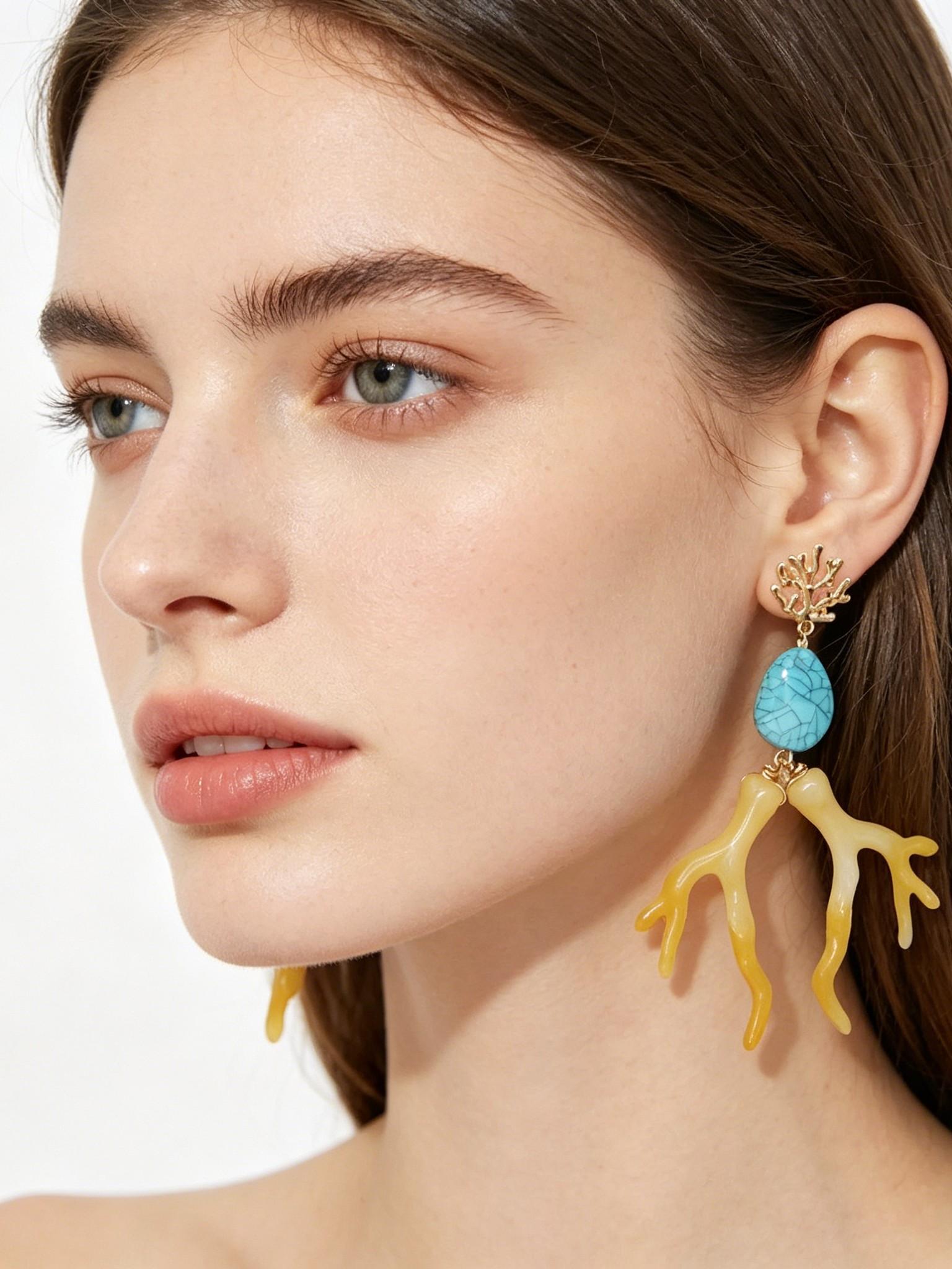 Boho Turquoise Geometric Acrylic Coral Earrings, Multicolor Fashion Alloy Ear Studs, Ocean Casual Vacation Style Jewelry