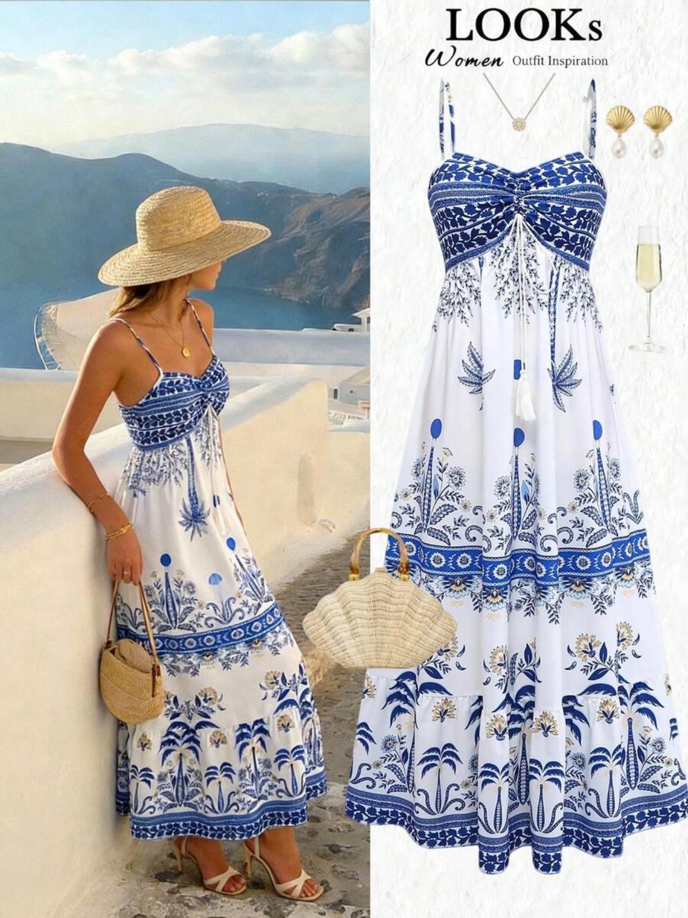 Women's Printed Thin Strap Tie Waist A-Line Dress, Elegant Casual Style, French Streetwear Vintage Look, New Summer Blue Sleeveless Long Dress, Dress For Summer