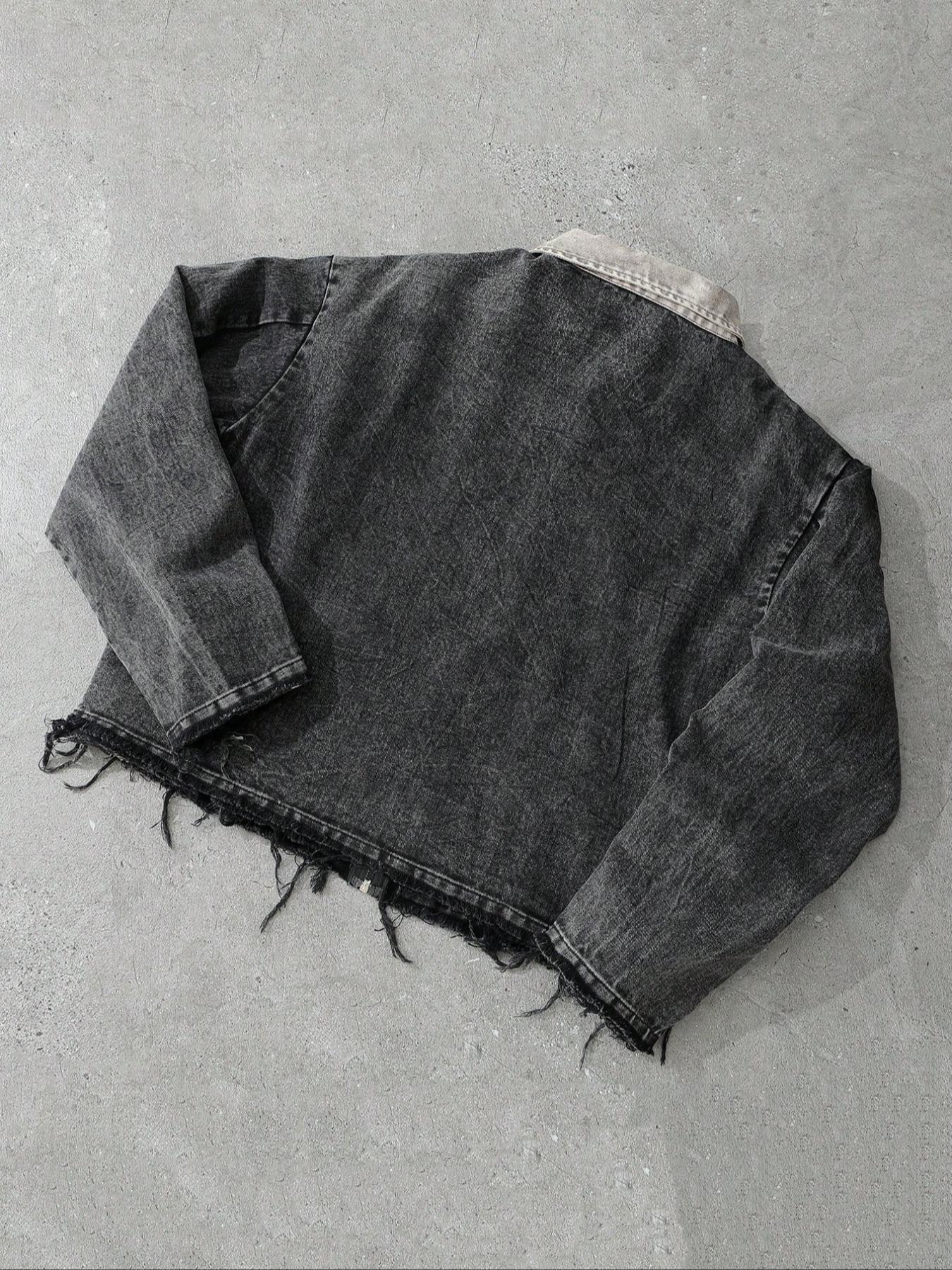 Men's Fashion Distressed Denim Jacket, Rhinestone Letter Print, Casual Street Style, Commuter Mood, Vintage Rocker Jacket, Star Design, Long Sleeves