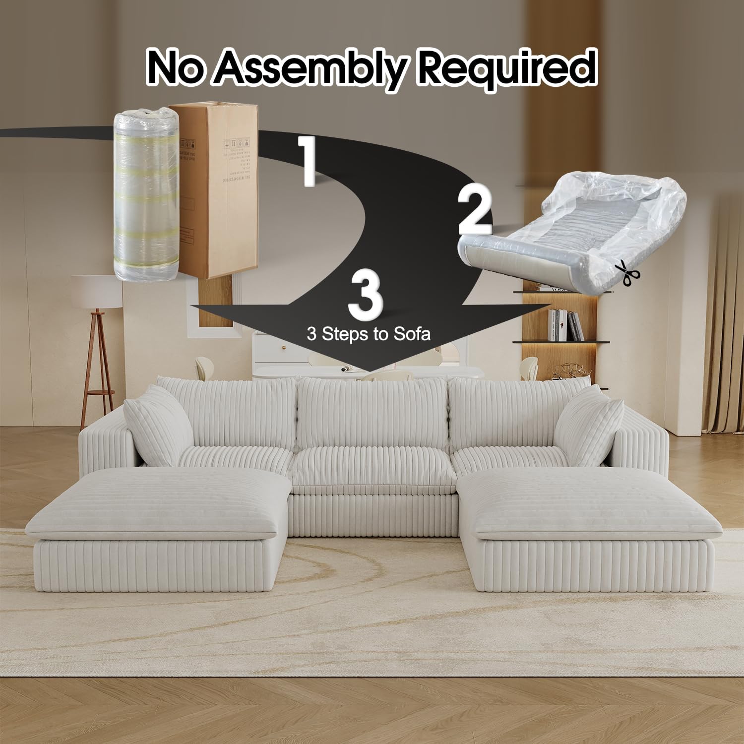 118" Corduroy Modular Sectional Sofa Couch, Oversized 3-Seater Cloud Boneless Couches with Removable Cushion & 2 Ottoman, No Assembly Required, U Shape Deep-Seat Fluffy Couches for Living Room, Compression, Free Combination, Throw Pillow, Luxurious