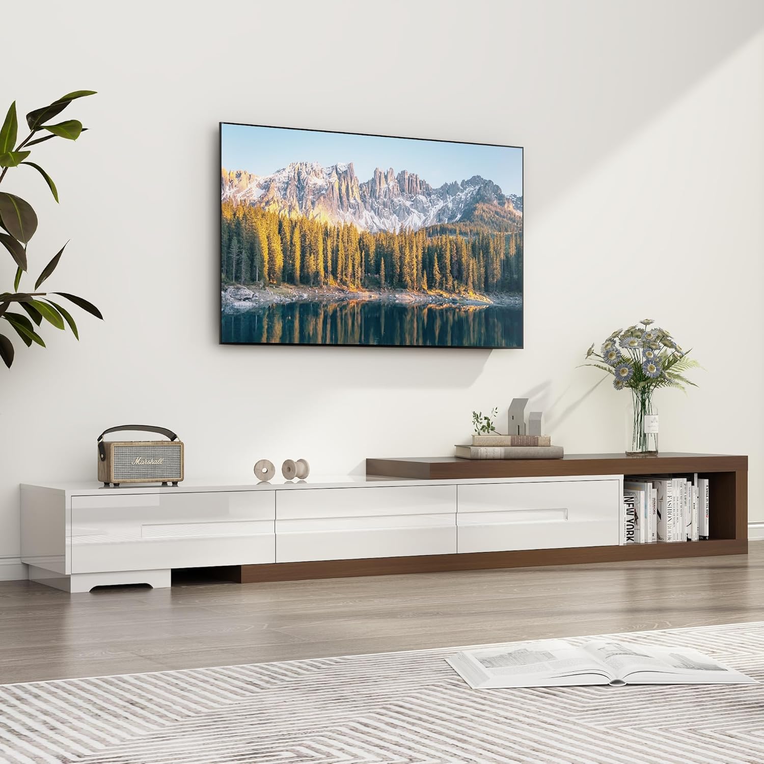 Extendable TV Stand for TVs up to 120", Wood Reversible Entertainment Center with 3 large Drawers, Extendable TV Media Console for Living Room,Bedroom