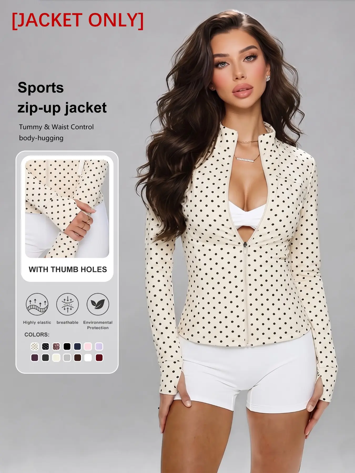 Women's Polka Dot Leopard Print Zipper Yoga Jacket, Slim-Fit Sporty Jacket with V-Neck and Long Sleeves, All Seasons Gym Wear, Athleisure Sports Outerwear