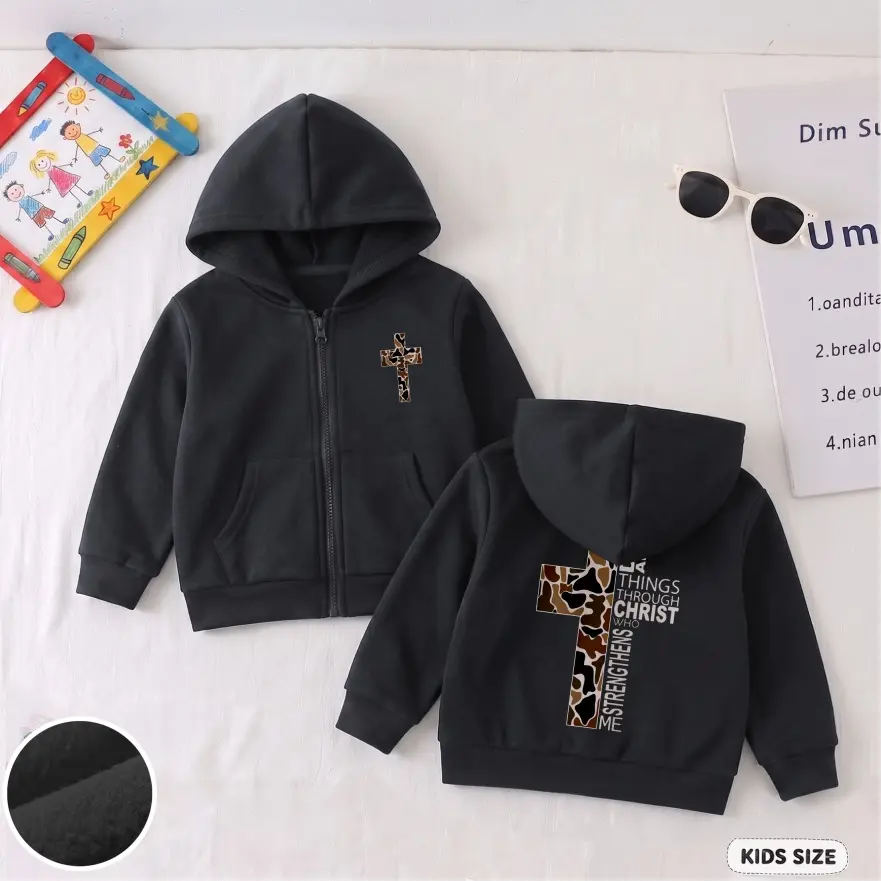 Kids’ Youth Christian Graphic Zip-Up Hoodie, Casual Long Sleeve Hooded Jacket with Front Pockets and Back Print, Everyday Outerwear for School, Travel, Outdoor Play and Weekend Wear
