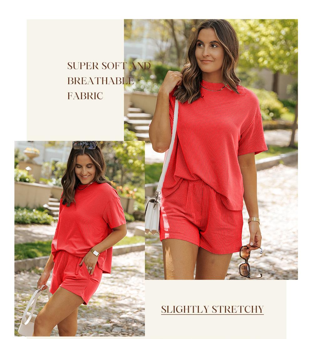 Women's Summer Short Sleeve Twisted Thread Shirt & Shorts with Pockets Casual Pajamas Ribbed Textured Outfit Matching Lounge Set..