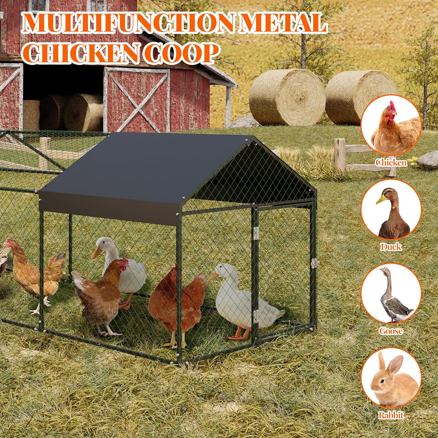 Large Metal Chicken Coop, Chicken Runs for Yard with Waterproof & Anti-UV Cover, Heavy Duty Hen House Poultry Cage for Outdoor Backyard Farm Use, 120x40x40 inch, Black