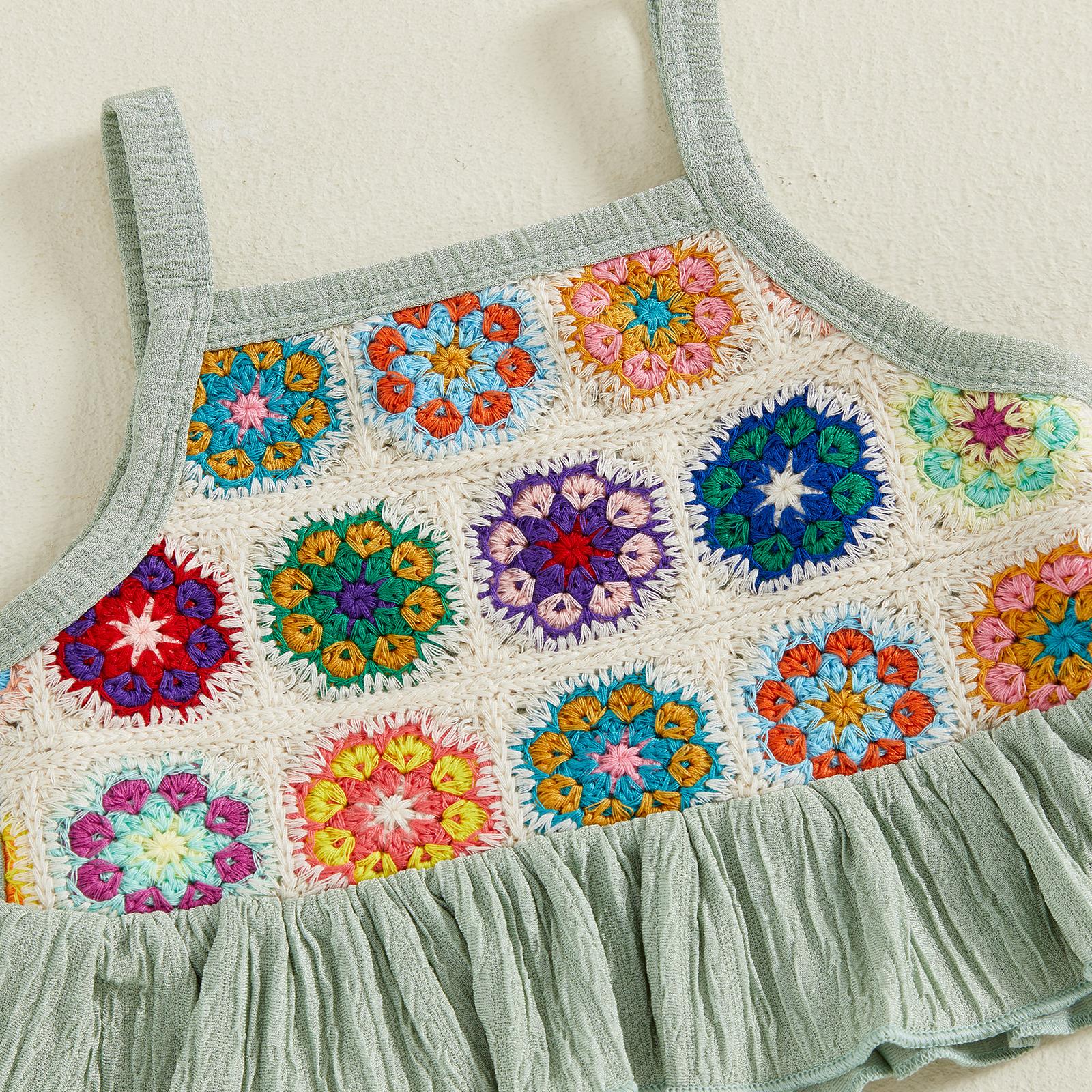 Toddler Girls Two Piece Outfits Crocheted Flowers Fruit Ruffled Camisole Tops Elastic Waist Long Pants Baby Children Summer Clothes #Summervibes