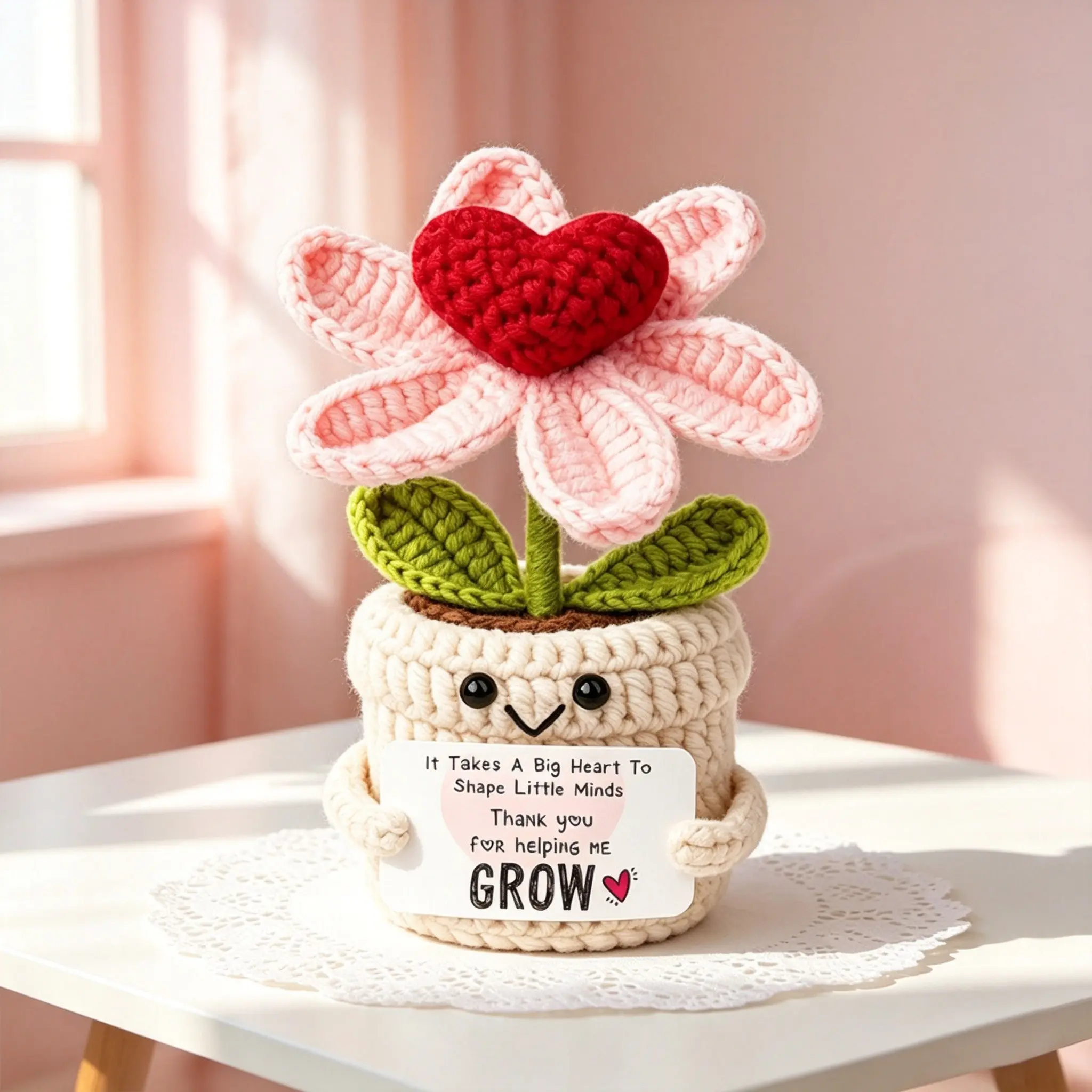Cute Crochet Emotional Support Plant, Heart-Shaped Planter Plush Toy with Encouragement, Soft Crochet Emotionally Support Doll, Valentine's Day Gift