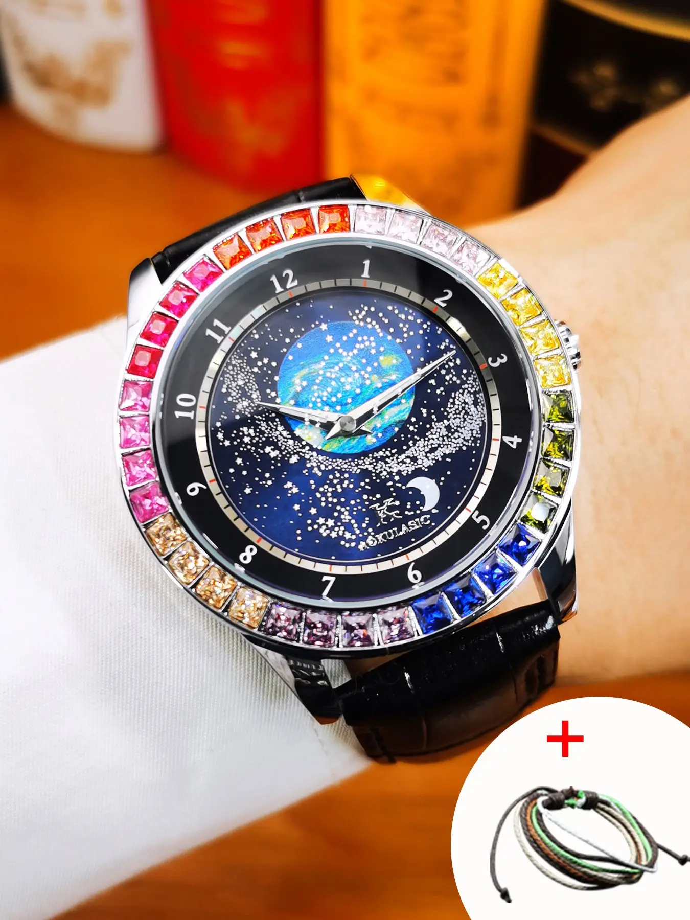1pc Starry Sky Luminous Automatic Mechanical for Men Luxury Rainbow Case Top Brand Strap Business Fashion Mens Watches Fashionable Stylish Watch Gifts With Box Analog Wristwatch