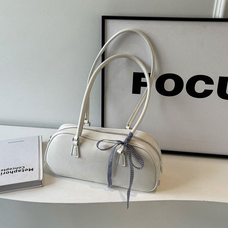 Vintage Waxed Leather Bowknot Baguette Bag, Luxury Commute Underarm Shoulder Bag, Versatile Texture Handbag, Korean Style Ins Fashion Bag for Women