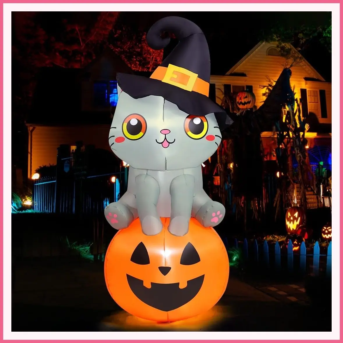 6 FT Halloween Inflatable Wizard Cat Sitting on Pumpkin with Built-in LEDs, Blow Up Yard Decor for Outdoor Garden Lawn Indoor PartyGift