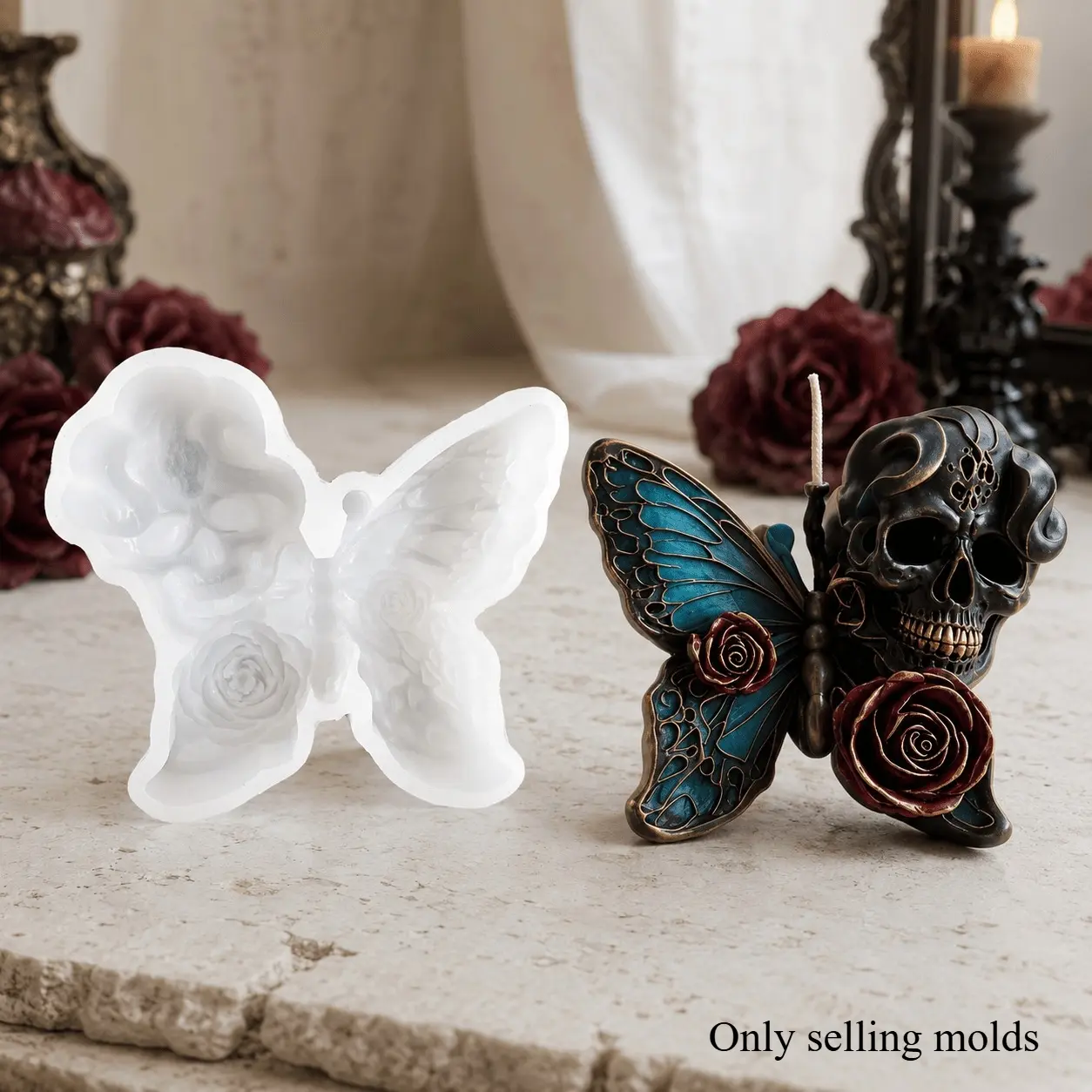 3D Skull Rose Butterfly Silicone Candle Molds, DIY Craft Tools, Gothic Floral Wing Mould, Suitable for Crystal Epoxy Resin, Candle Wax, Soap Craft & Plaster Casting, Dark Style Table Decor, Halloween Home Ornaments, Gothic Holiday Gifts