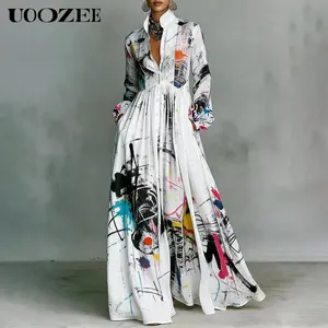 UOOZEE Women's Smart Casual Abstract Print Maxi Shirt Dress, Silky Polyester Long Sleeve Button Front Gown with Pockets for Party