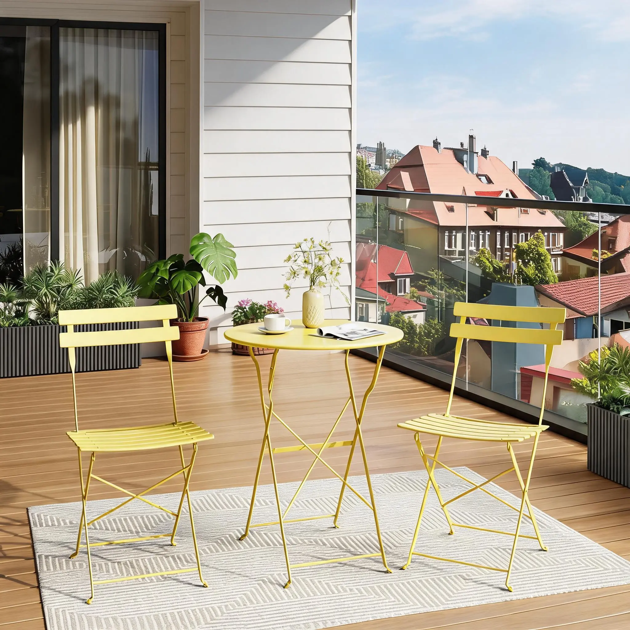 【Back to School】Garvee Space‑Saving 3‑Piece Folding Patio Bistro Set, Weather‑Resistant Steel Frame Round Table And 2 Chairs, Outdoor Furniture For Garden Porch Balcony