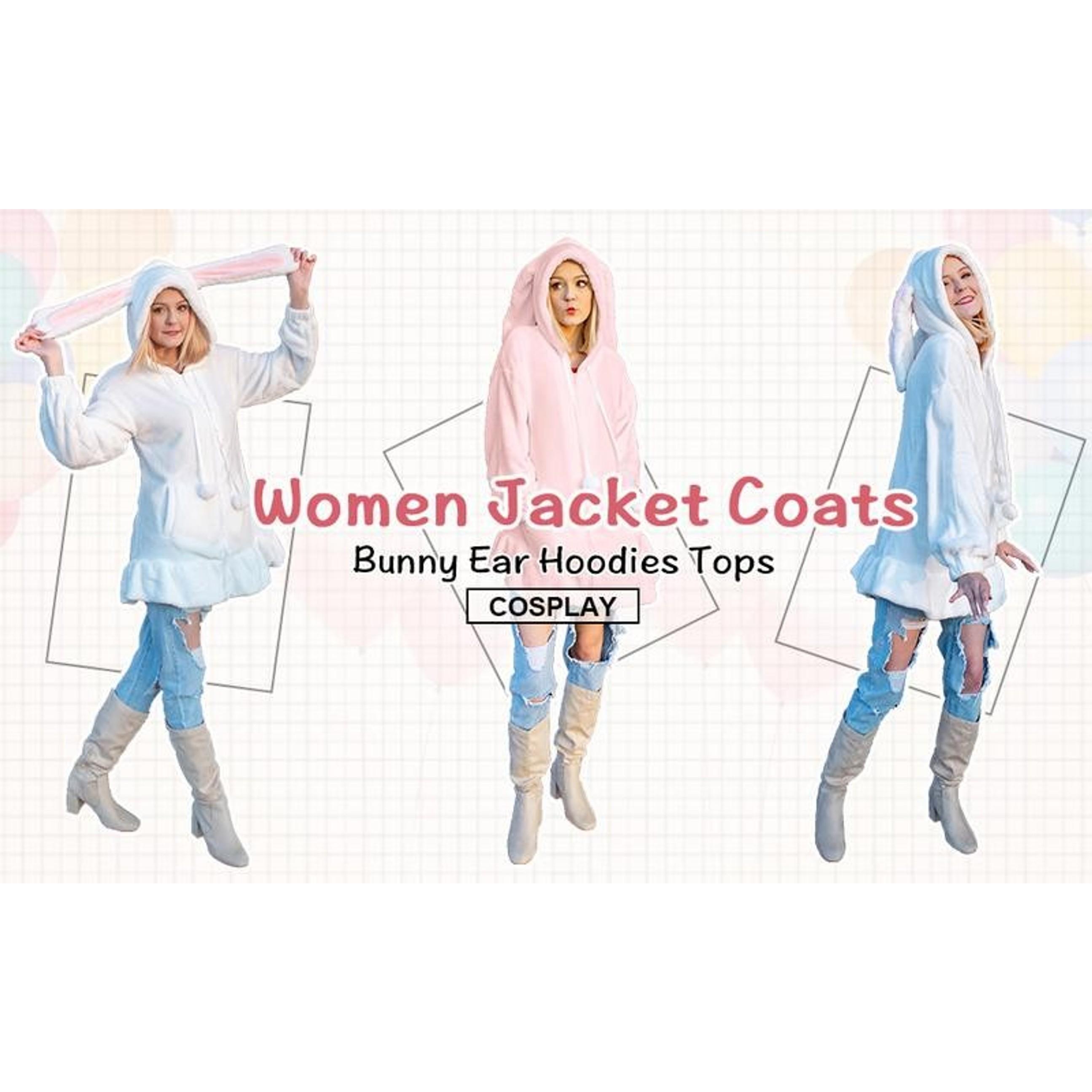 Anime Bunny Ear Hoodies For Women Sweet Lovely Fuzzy Fluffy Rabbit Sweater Tops Cosplay Jacket Coats Cute Kawaii Bunny Hoodie Jacket Coats for Women Fuzzy Fluffy Rabbit Hooded Sweatshirt Outwear