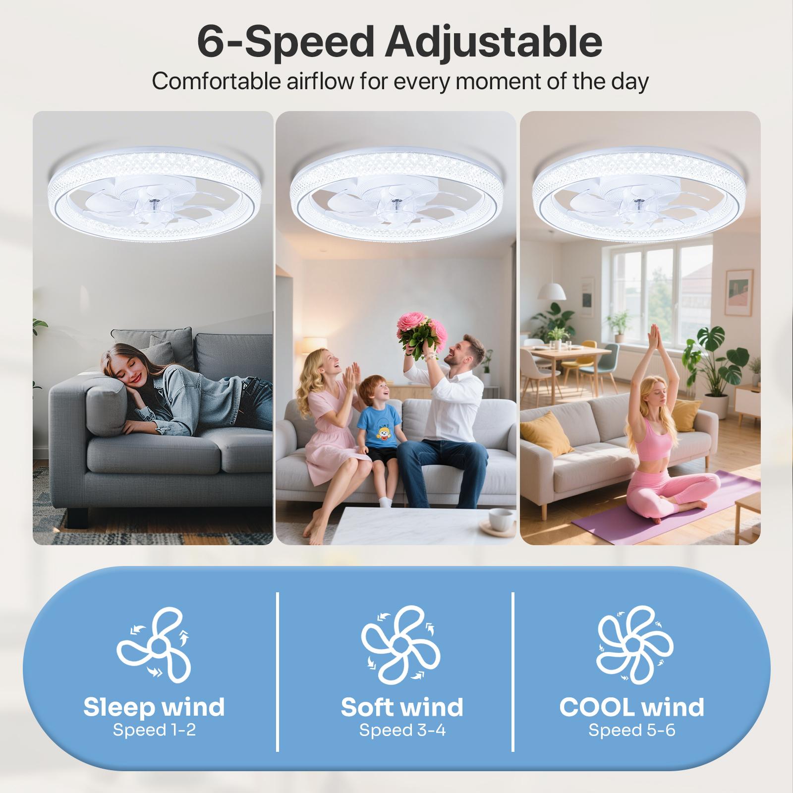 GALENTAL DiamantesSmart Ceiling Fan with Light, 6-Speed Reversible DC Motor, APP/Remote Control, Timer & Stepless Dimming, 3 Color Temperatures (3000K-6500K), 20"-White Crystal for Bedroom, Living Room, Study