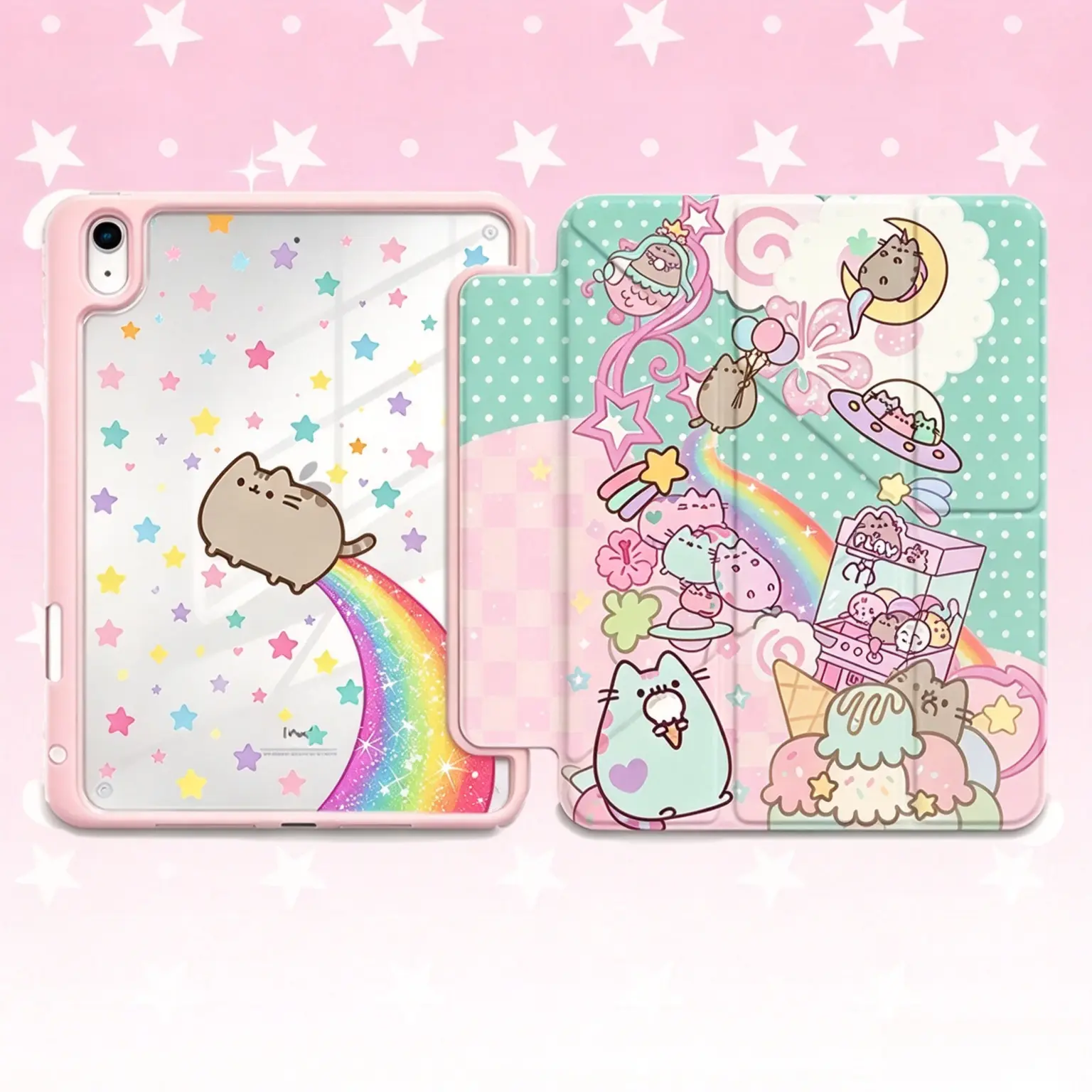 Pusheen Rainbow Cat & Arcade Claw Machine Style Tablet Casing - Crystal Star Back, UFO Alien Kitten Graphic, Kawaii Pastel Aesthetic Accessories with Protection - Unisex Gift Holder for iPad Air/Pro/Mini (10.2-13 in)