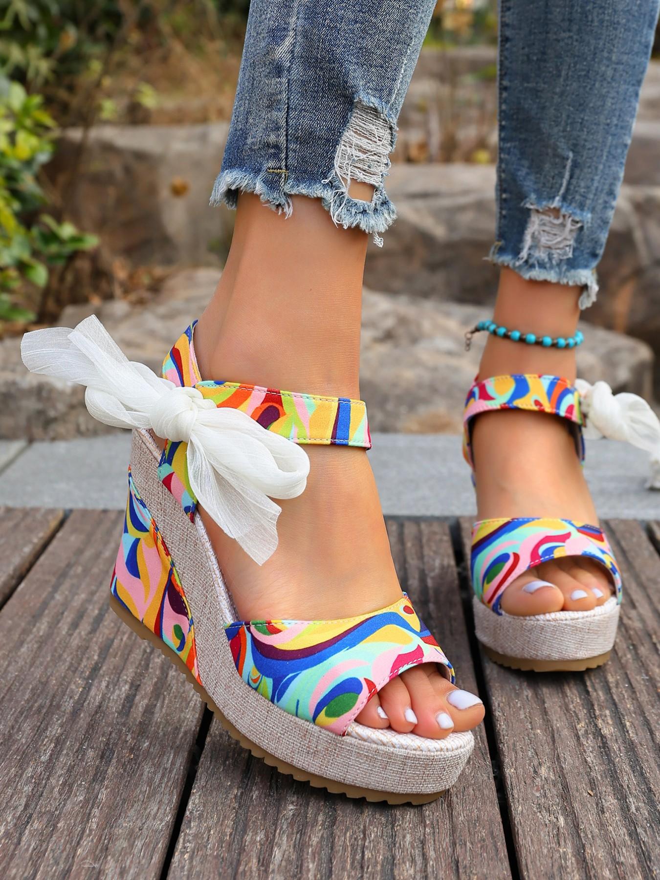 Women's Boho Abstract Colorblock Graffiti Print Shoes, Rhinestone Bow Detail, Chunky Textured Heel, Open Back Design, Versatile & Stylish