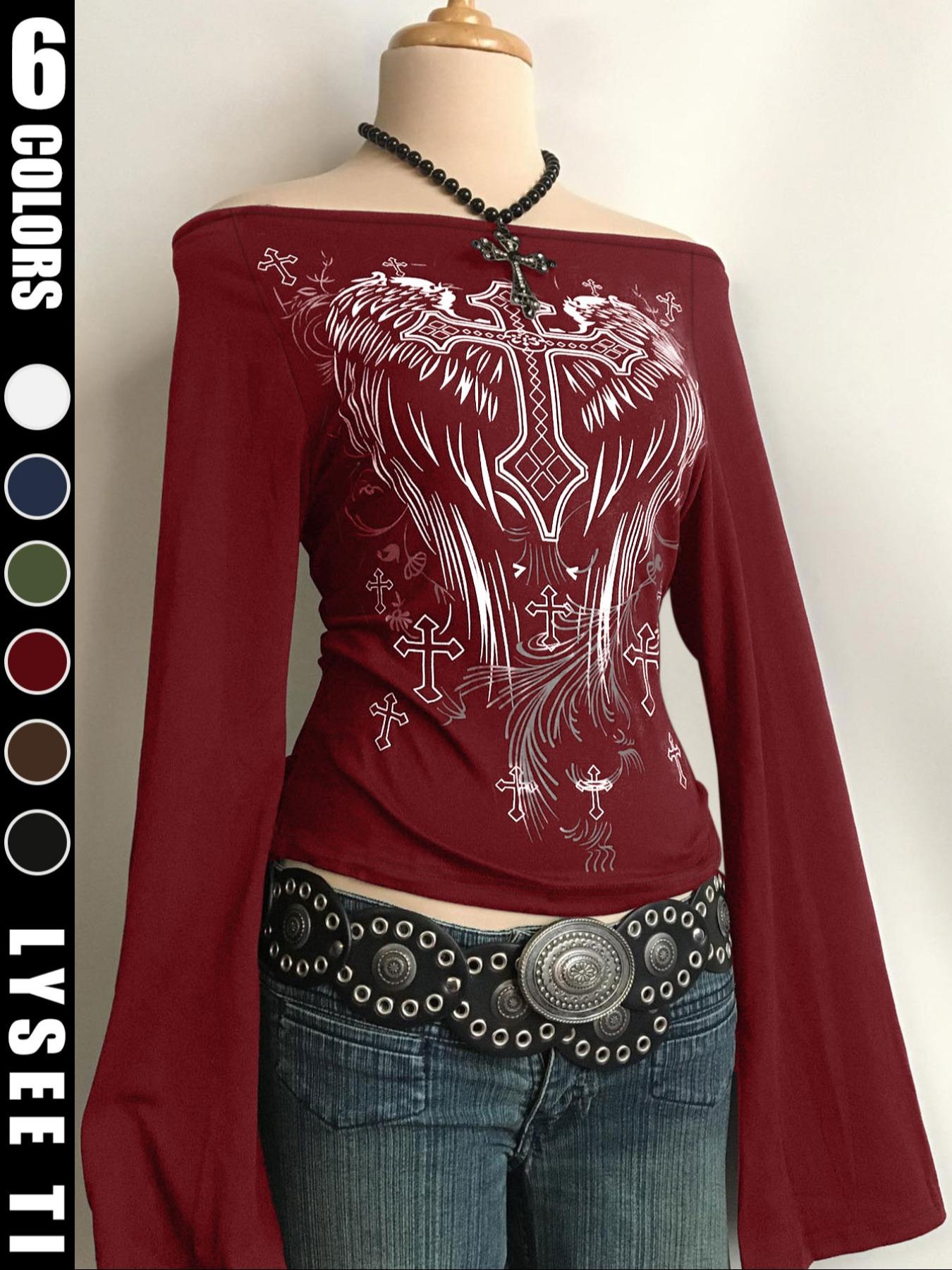 Fashion Casual Y2K Women's Cross Print One-Shoulder Flare Sleeve Top, Halloween Style, Fitted Design, Fall & Winter Wear, Aesthetic